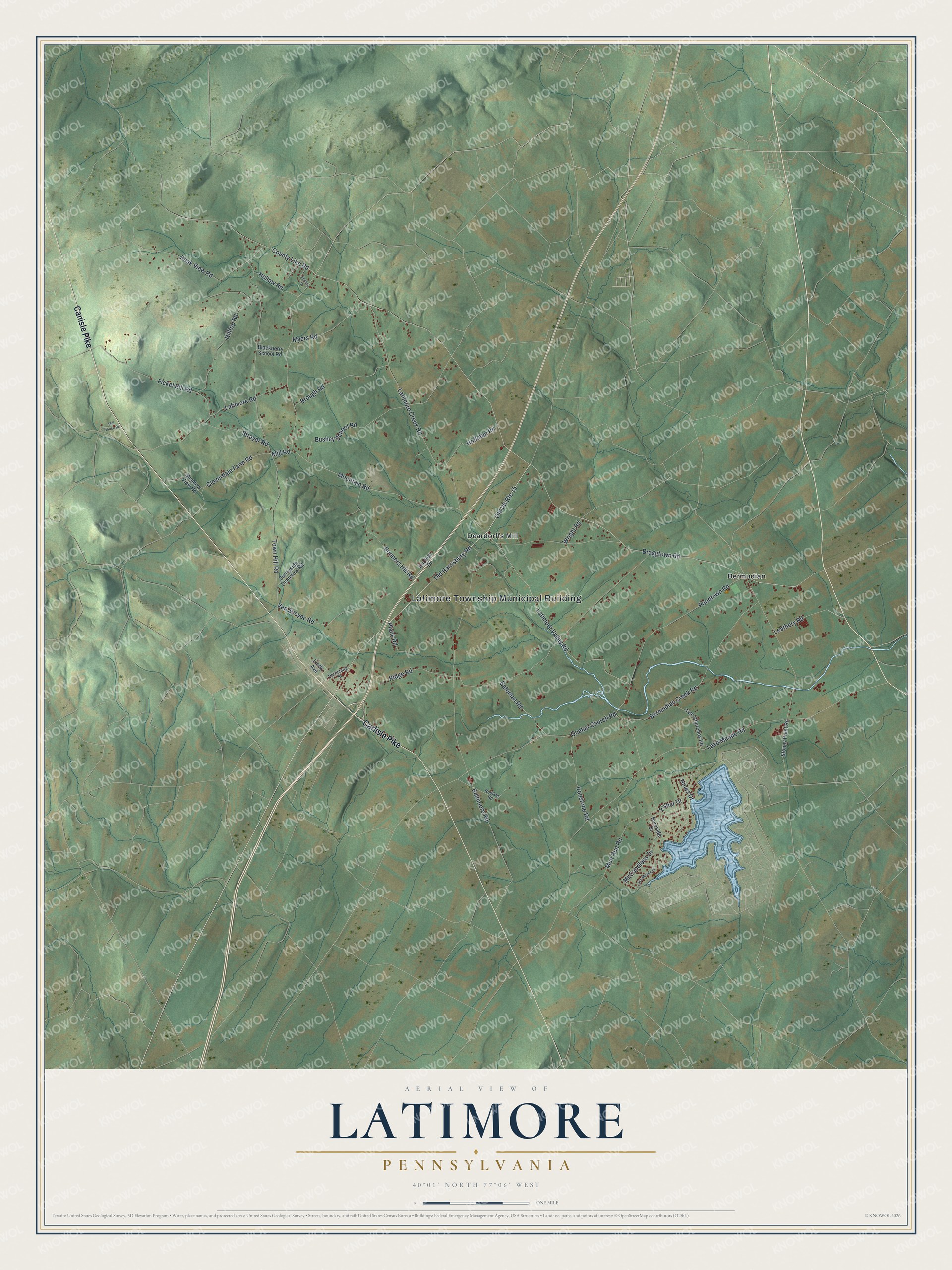 Full map of Latimore, Pennsylvania, with red buildings, printed street names and the land around them