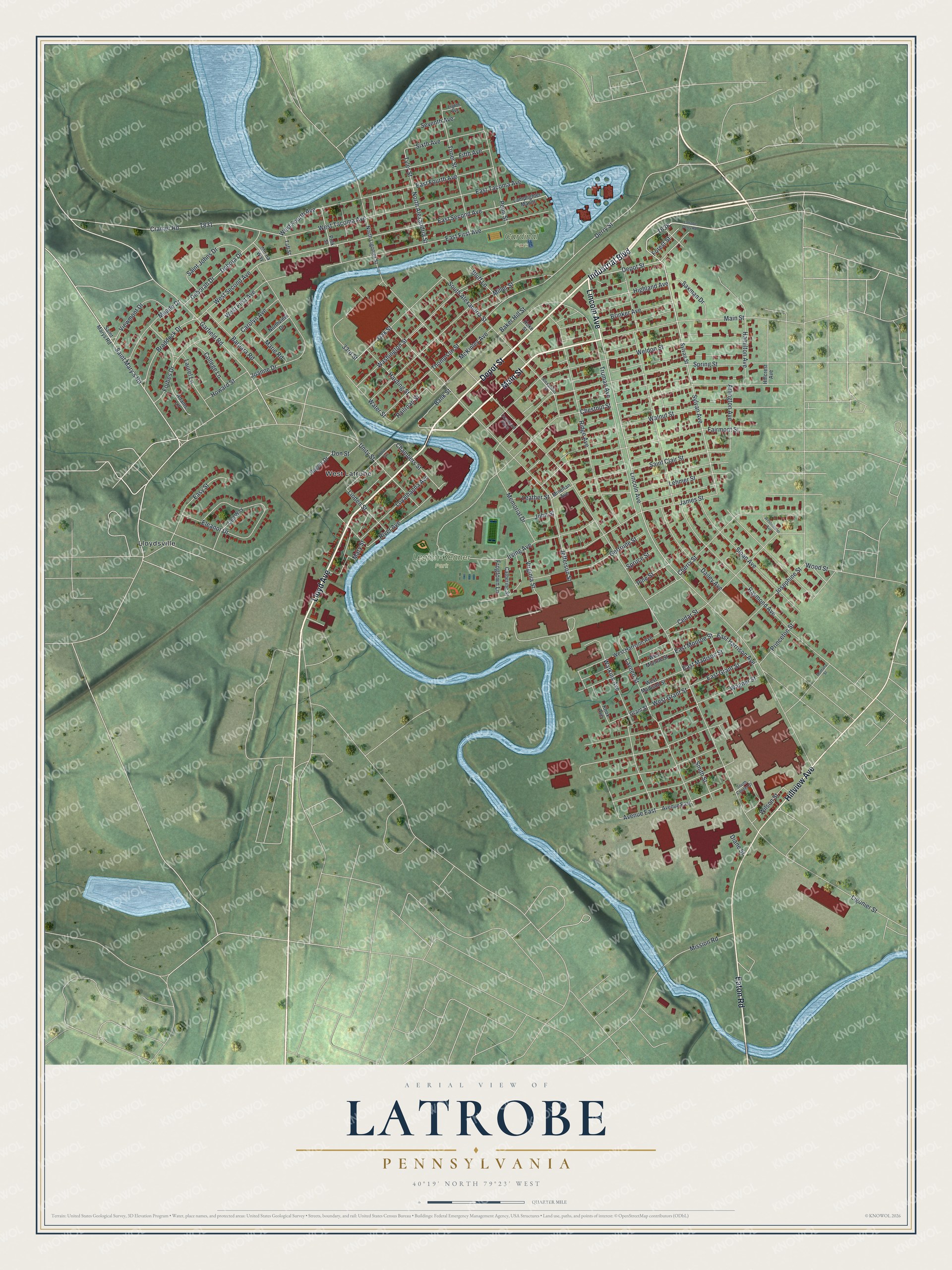 Full map of Latrobe, Pennsylvania, with red buildings, printed street names and the land around them