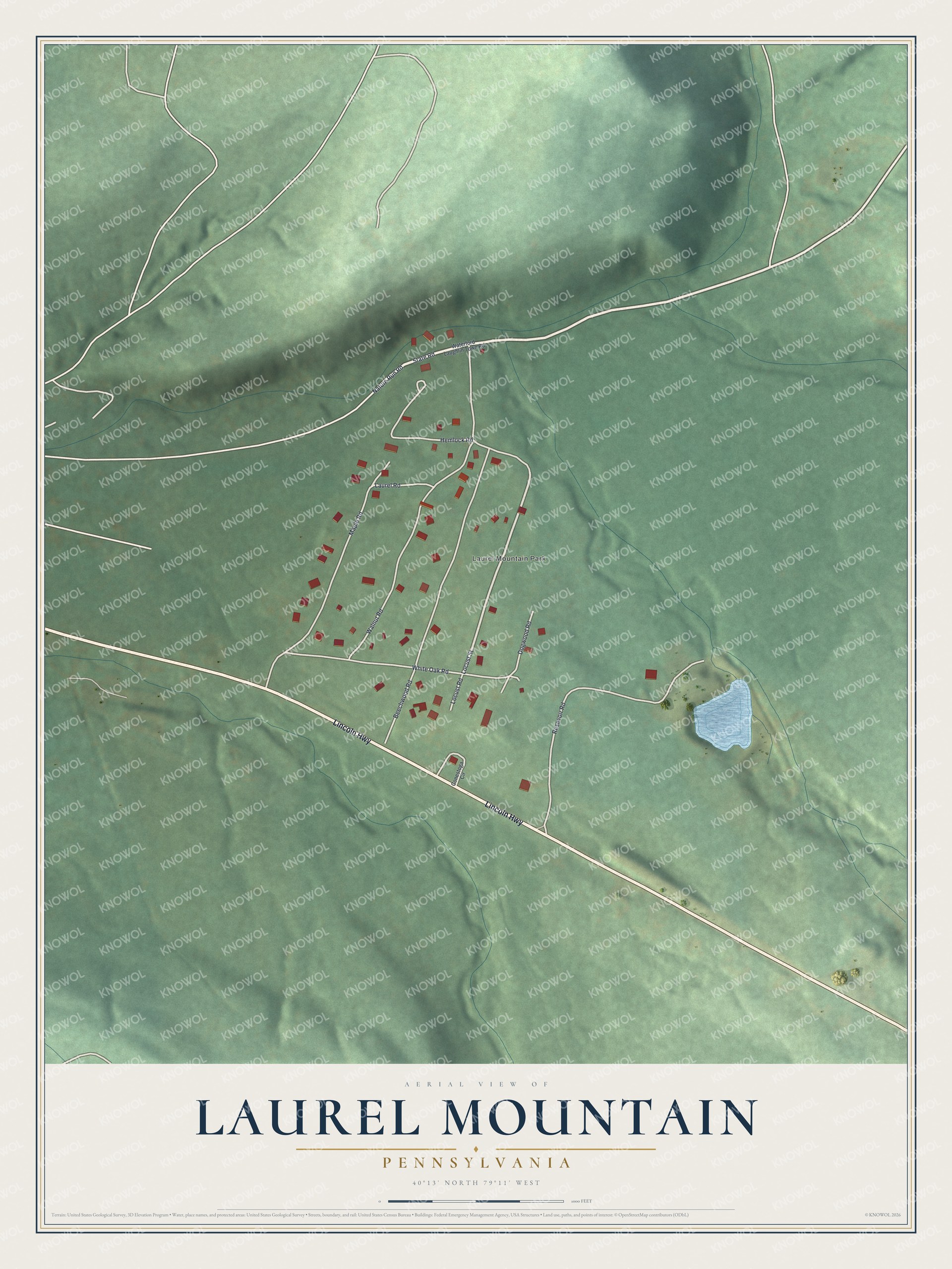 Full map of Laurel Mountain, Pennsylvania, with red buildings, printed street names and the land around them