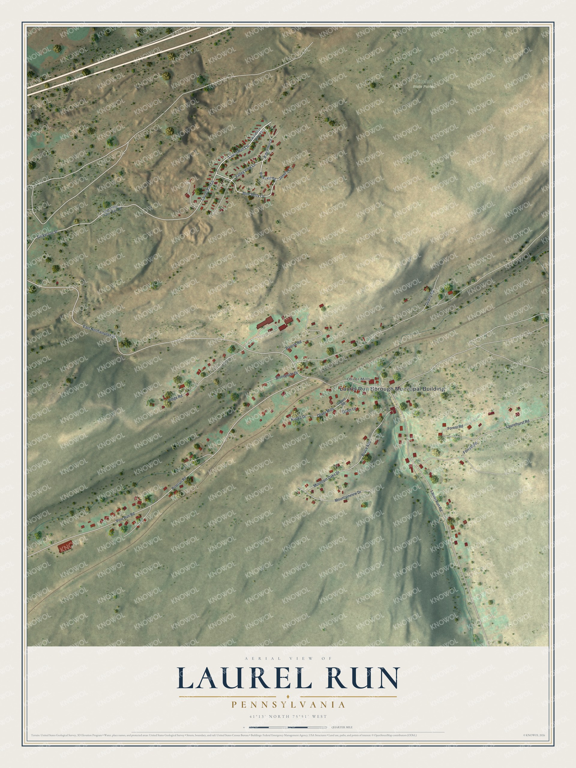 Full map of Laurel Run, Pennsylvania, with red buildings, printed street names and the land around them