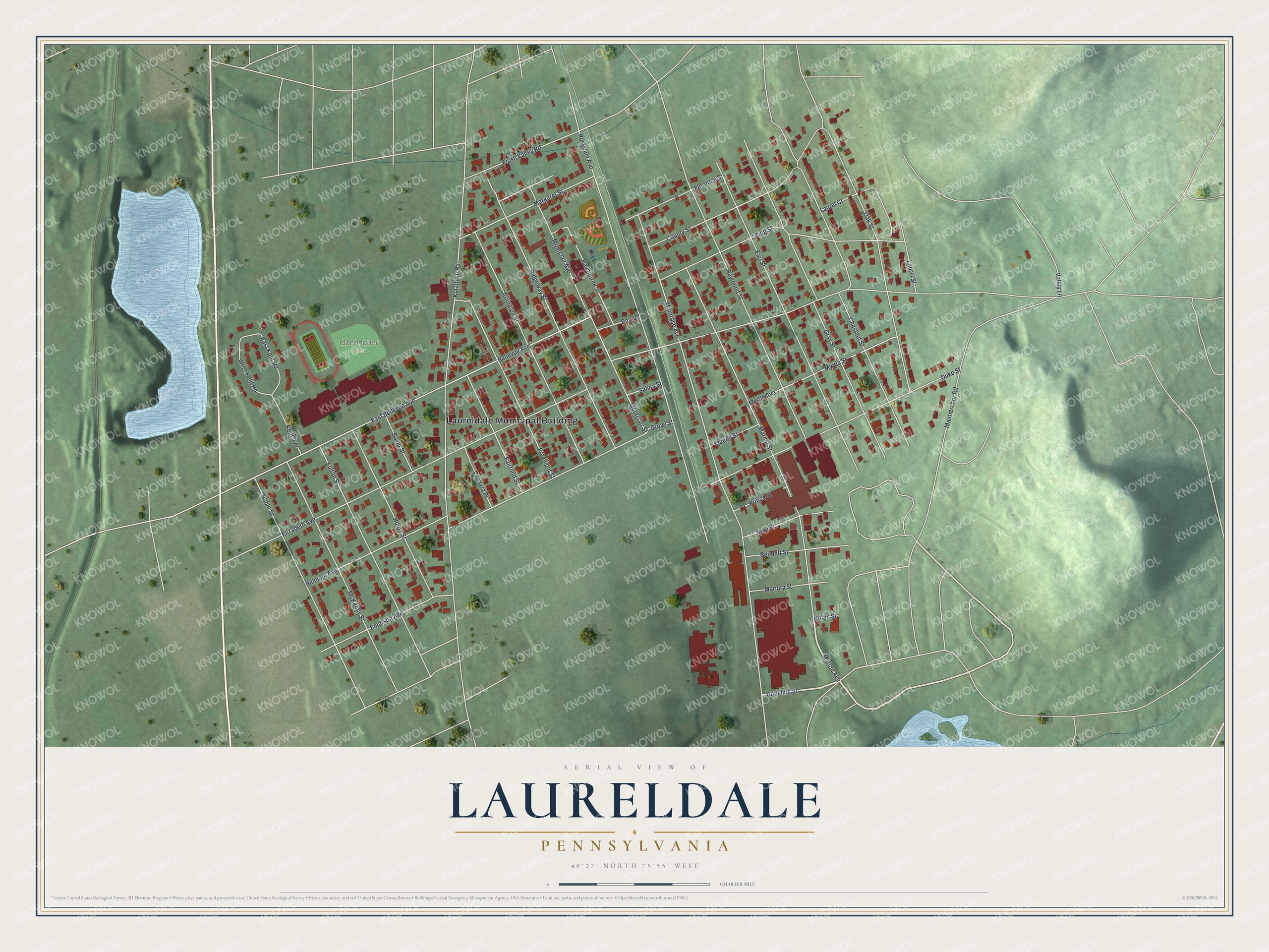 Full map of Laureldale, Pennsylvania, with red buildings, printed street names and the land around them