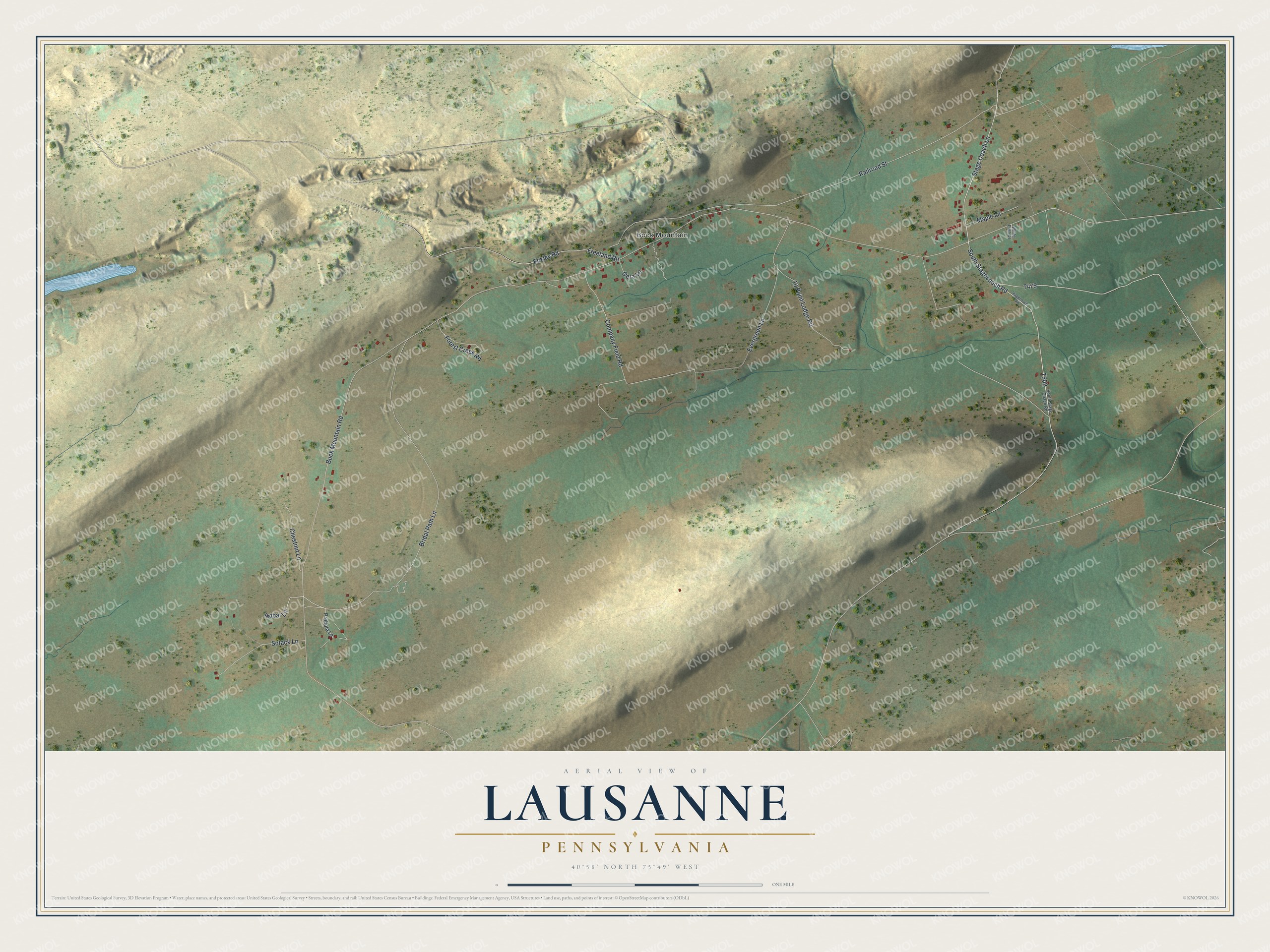 Full map of Lausanne, Pennsylvania, with red buildings, printed street names and the land around them