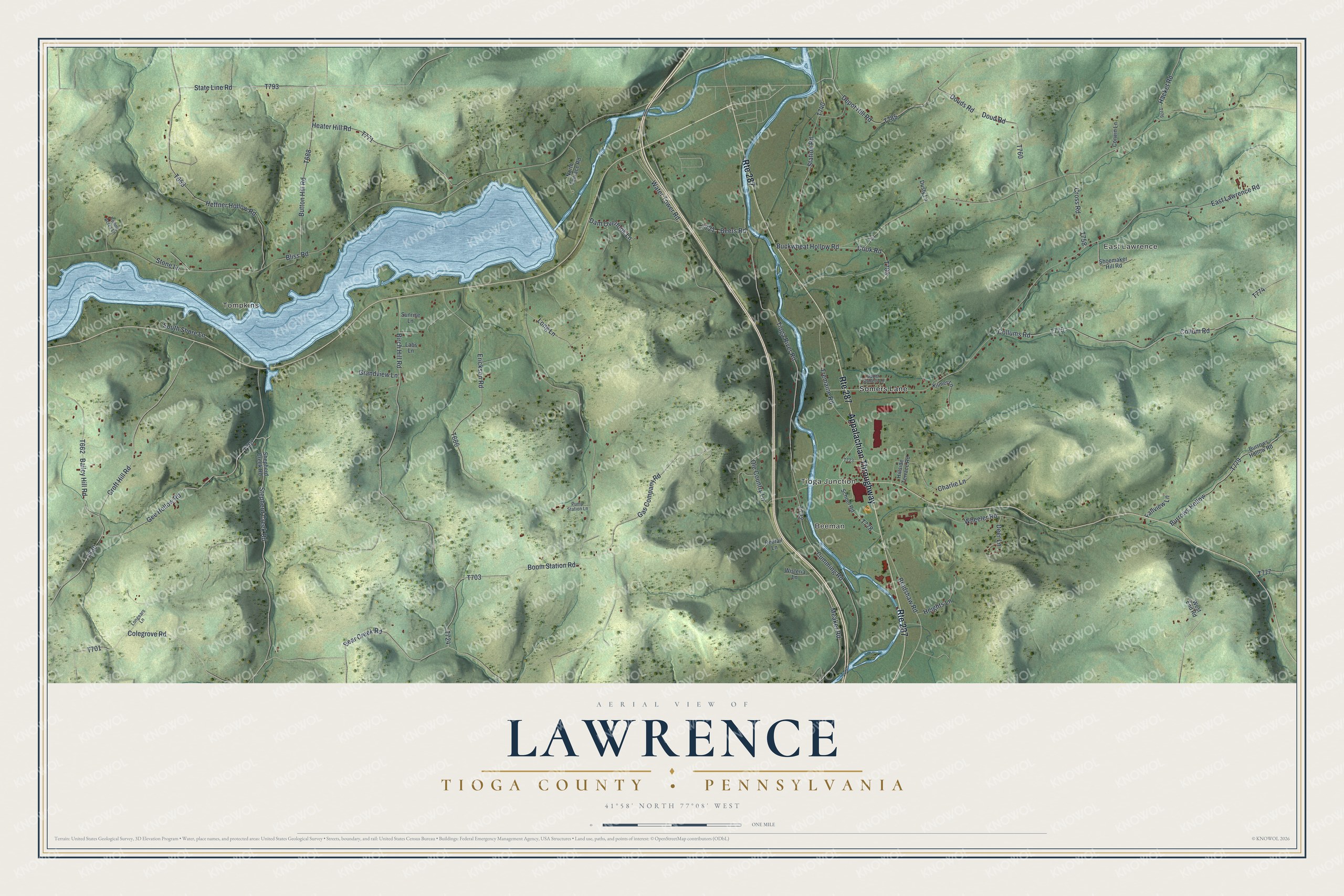 Full map of Lawrence, Tioga County, Pennsylvania, with red buildings, printed street names and the land around them