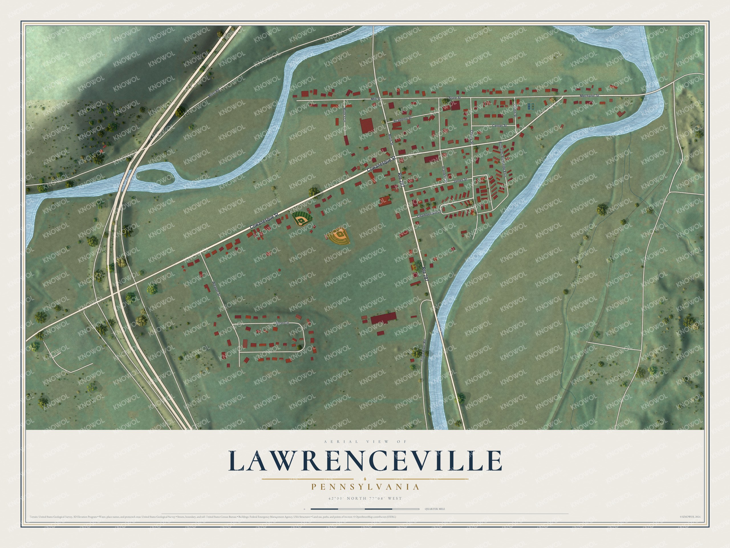 Full map of Lawrenceville, Pennsylvania, with red buildings, printed street names and the land around them
