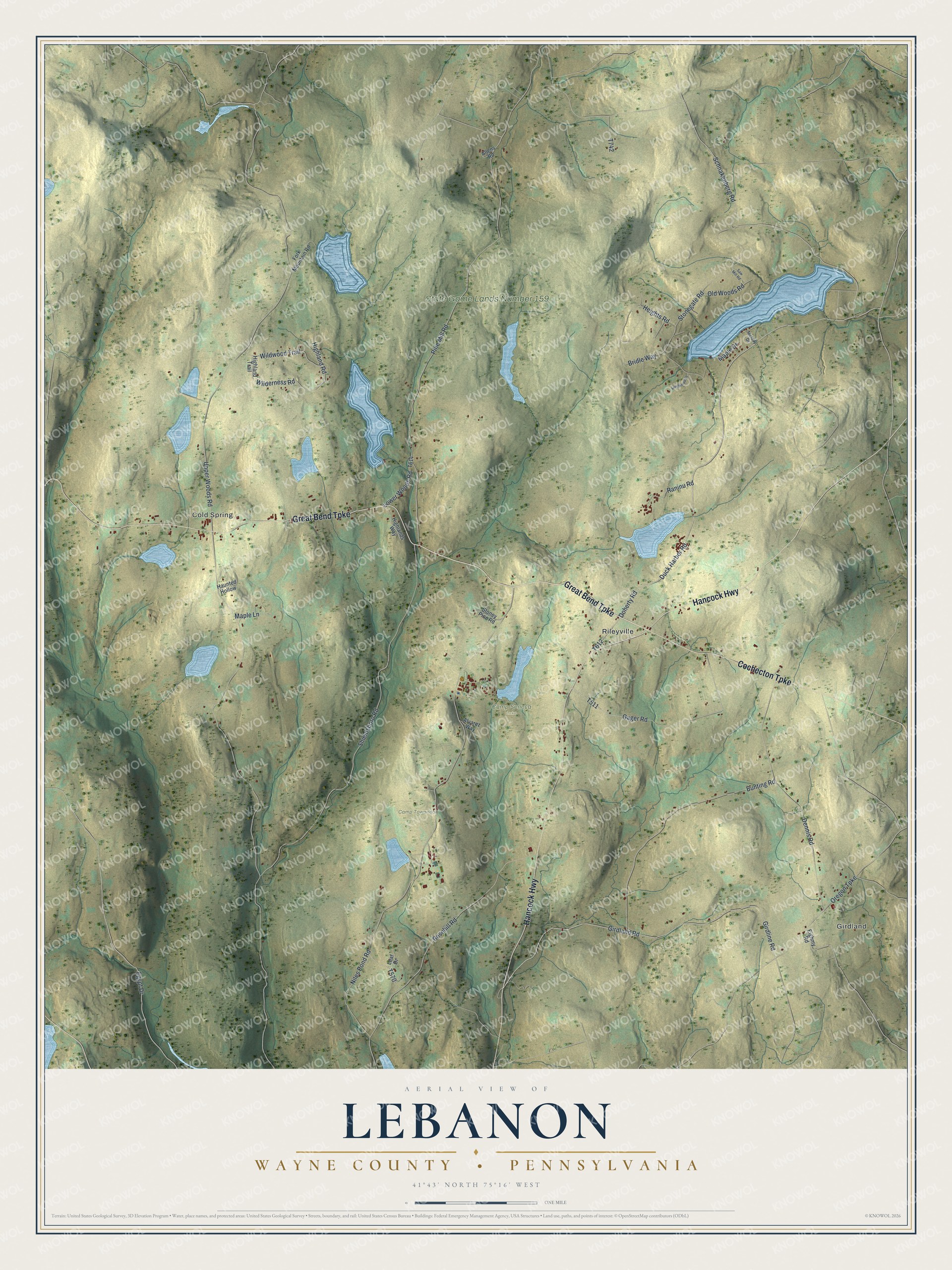 Full map of Lebanon, Wayne County, Pennsylvania, with red buildings, printed street names and the land around them
