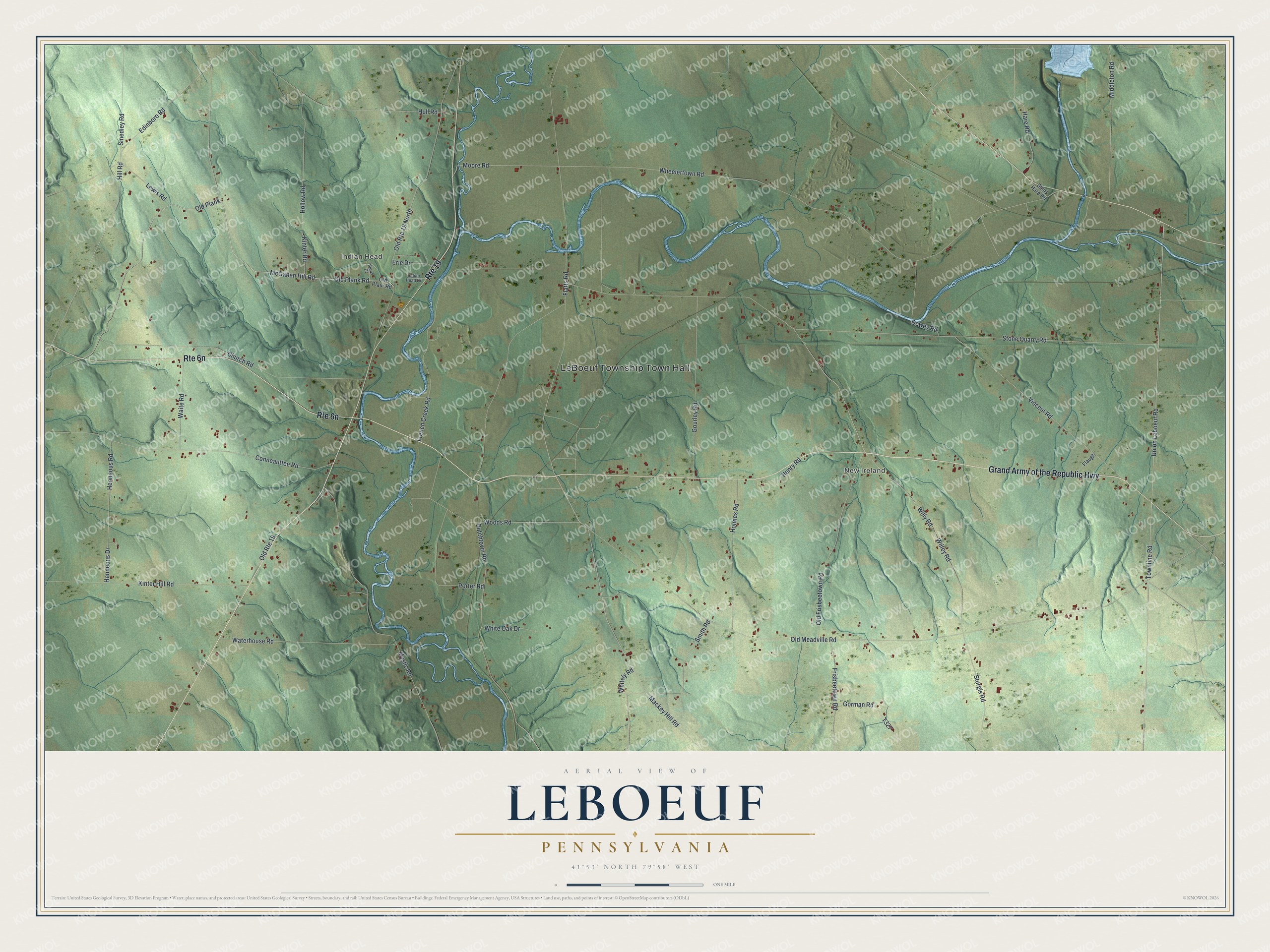 Full map of LeBoeuf, Pennsylvania, with red buildings, printed street names and the land around them