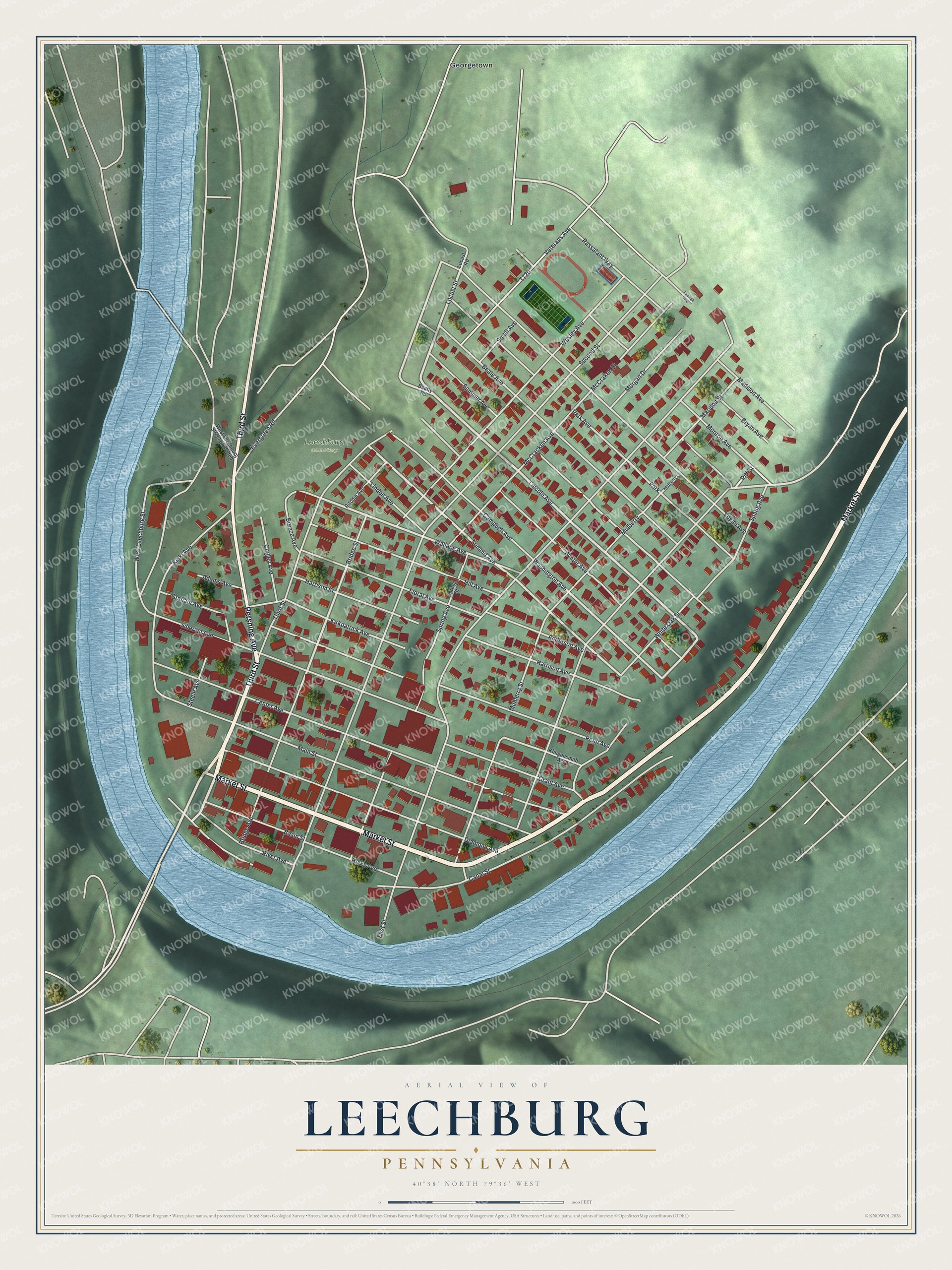 Full map of Leechburg, Pennsylvania, with red buildings, printed street names and the land around them