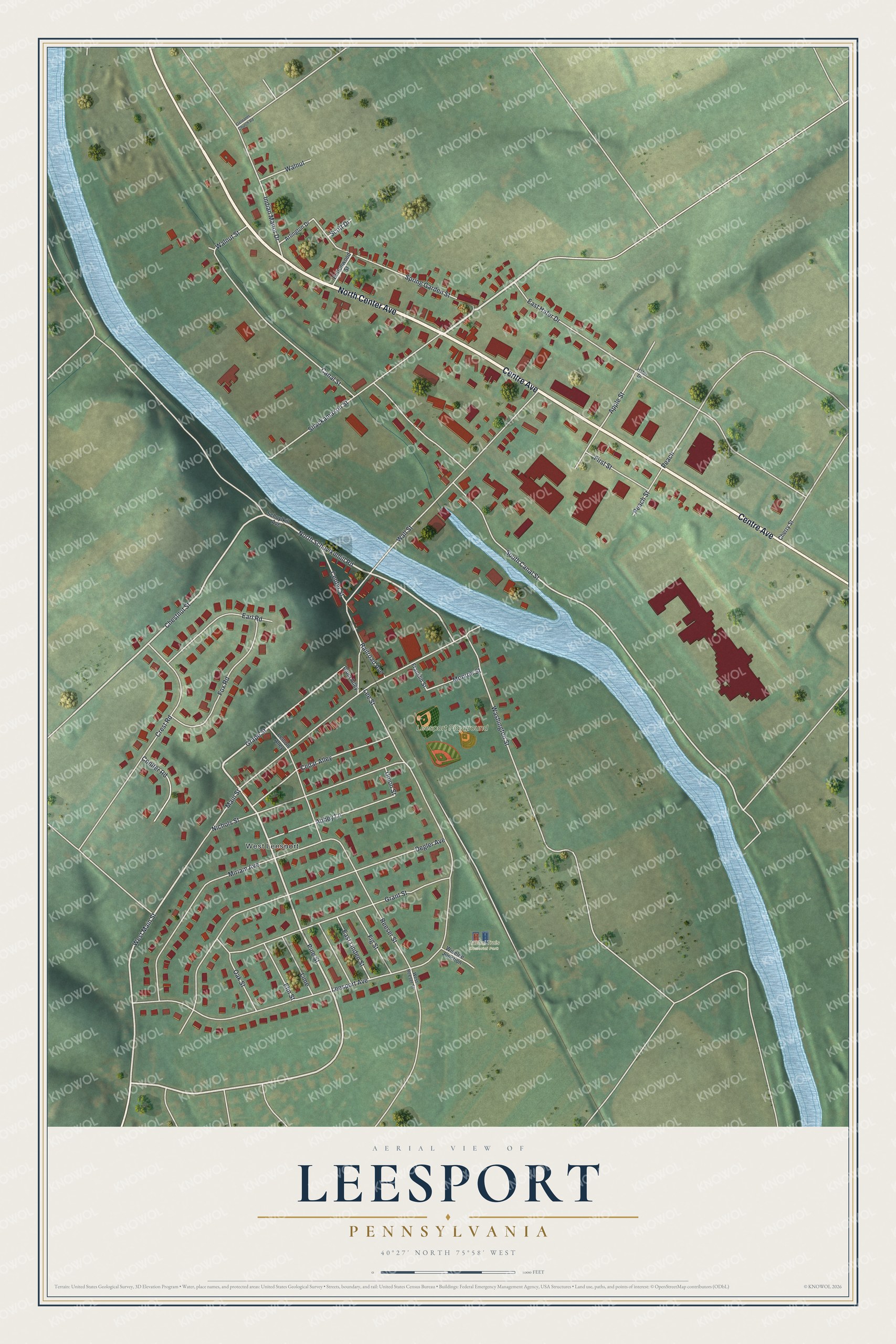 Full map of Leesport, Pennsylvania, with red buildings, printed street names and the land around them