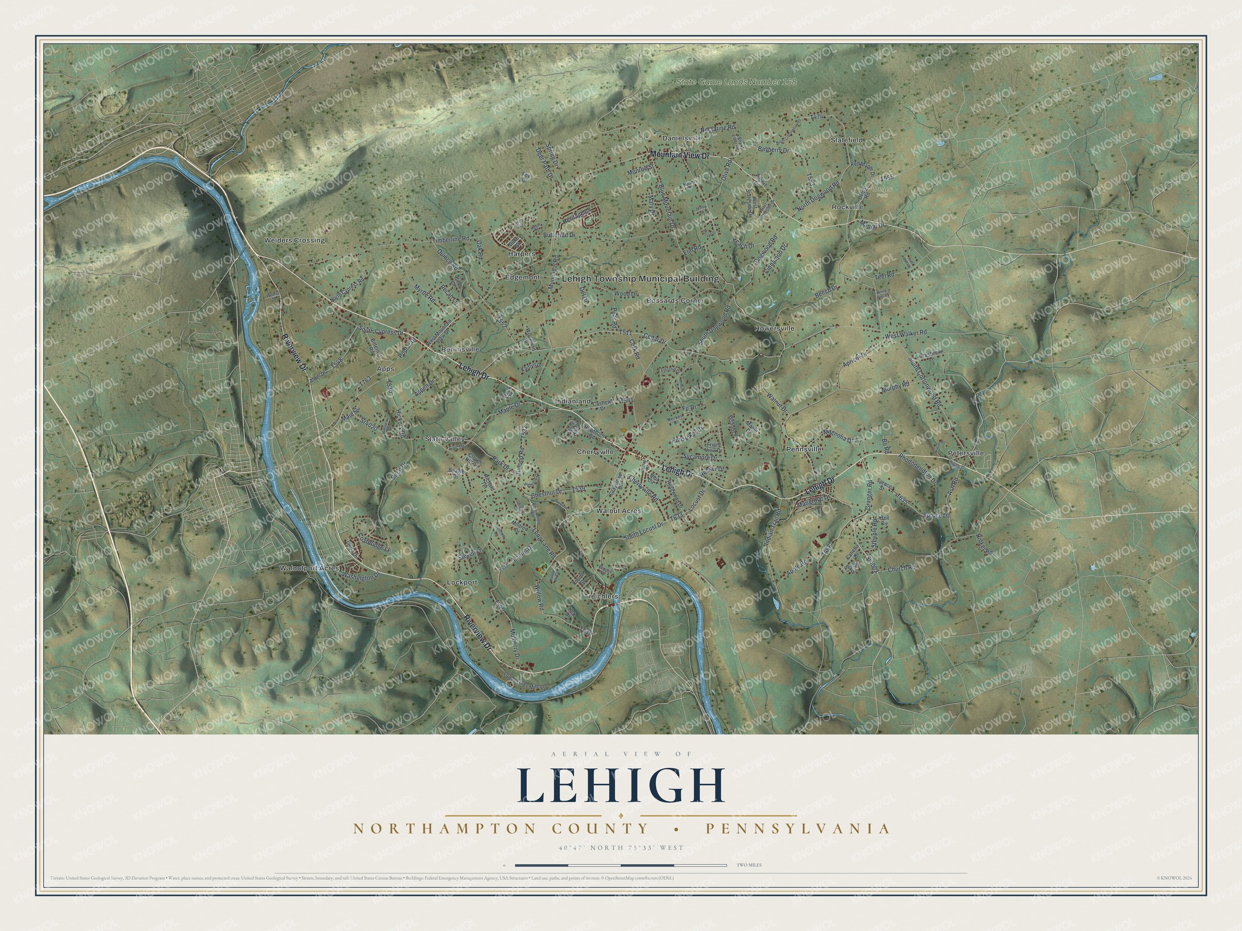 Full map of Lehigh, Northampton County, Pennsylvania, with red buildings, printed street names and the land around them