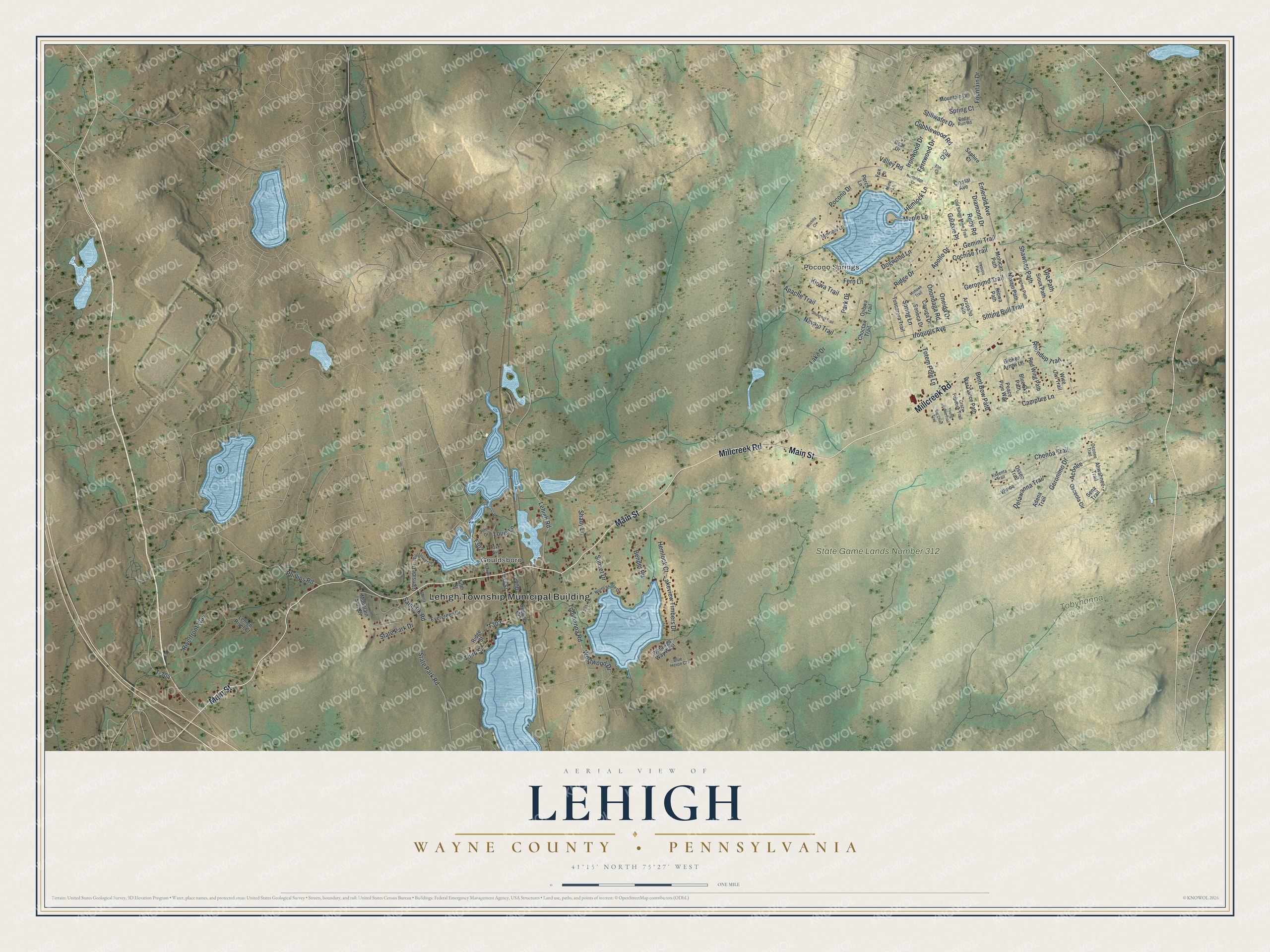Full map of Lehigh, Wayne County, Pennsylvania, with red buildings, printed street names and the land around them