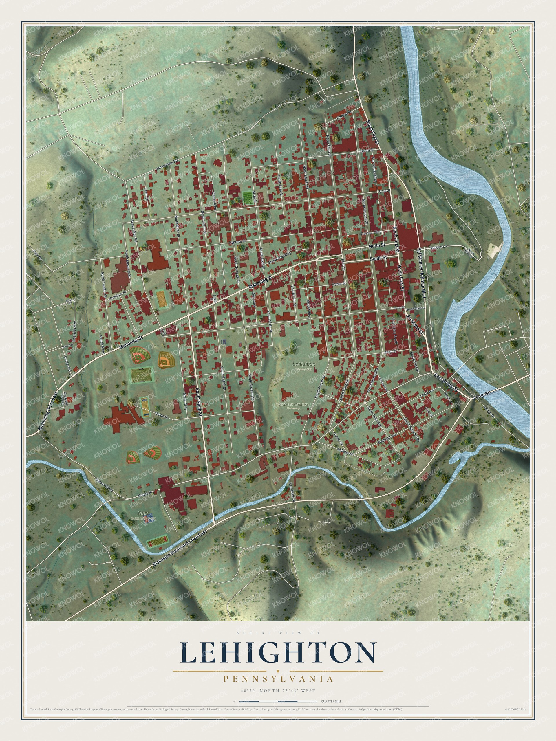 Full map of Lehighton, Pennsylvania, with red buildings, printed street names and the land around them