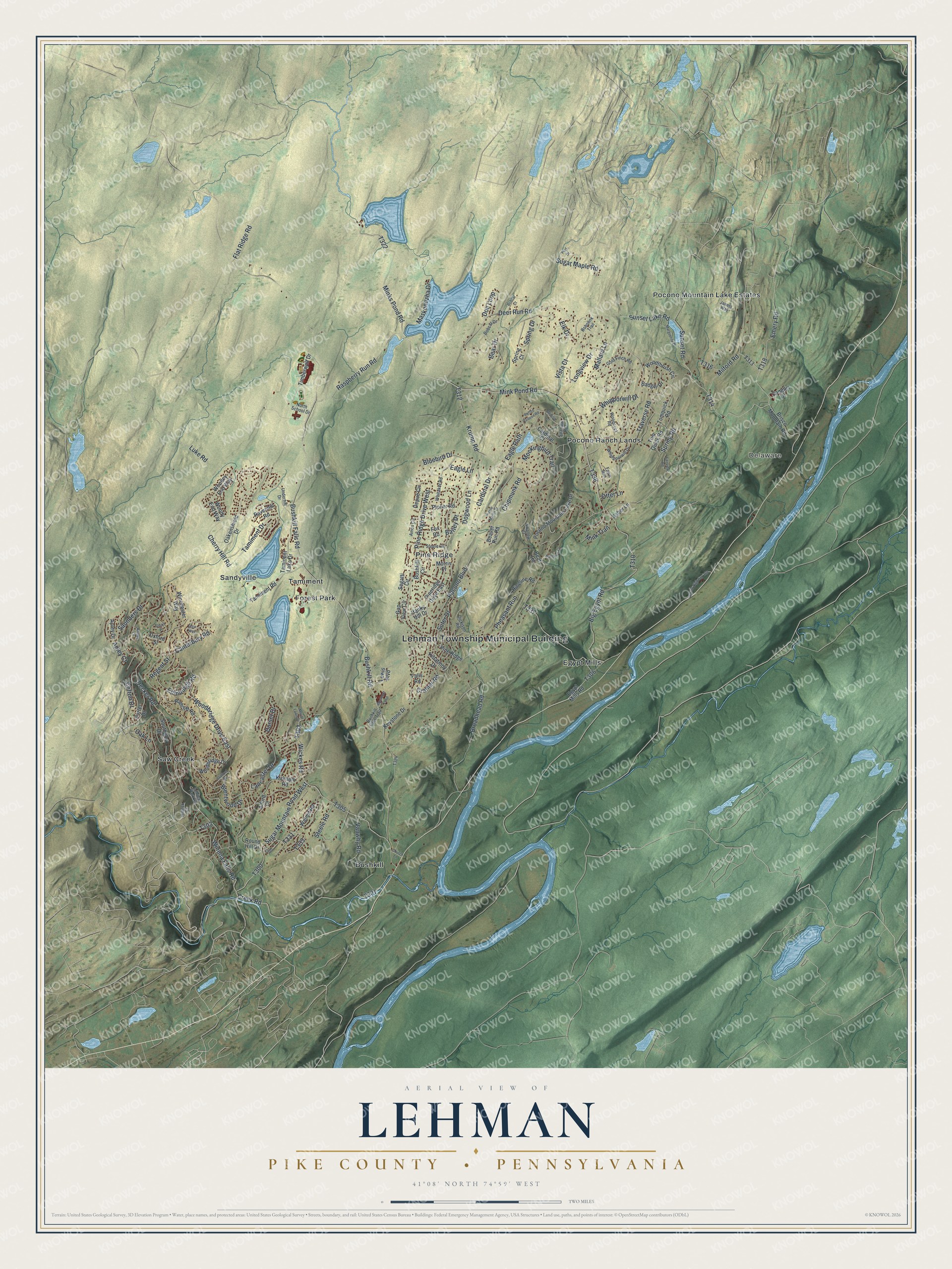 Full map of Lehman, Pike County, Pennsylvania, with red buildings, printed street names and the land around them