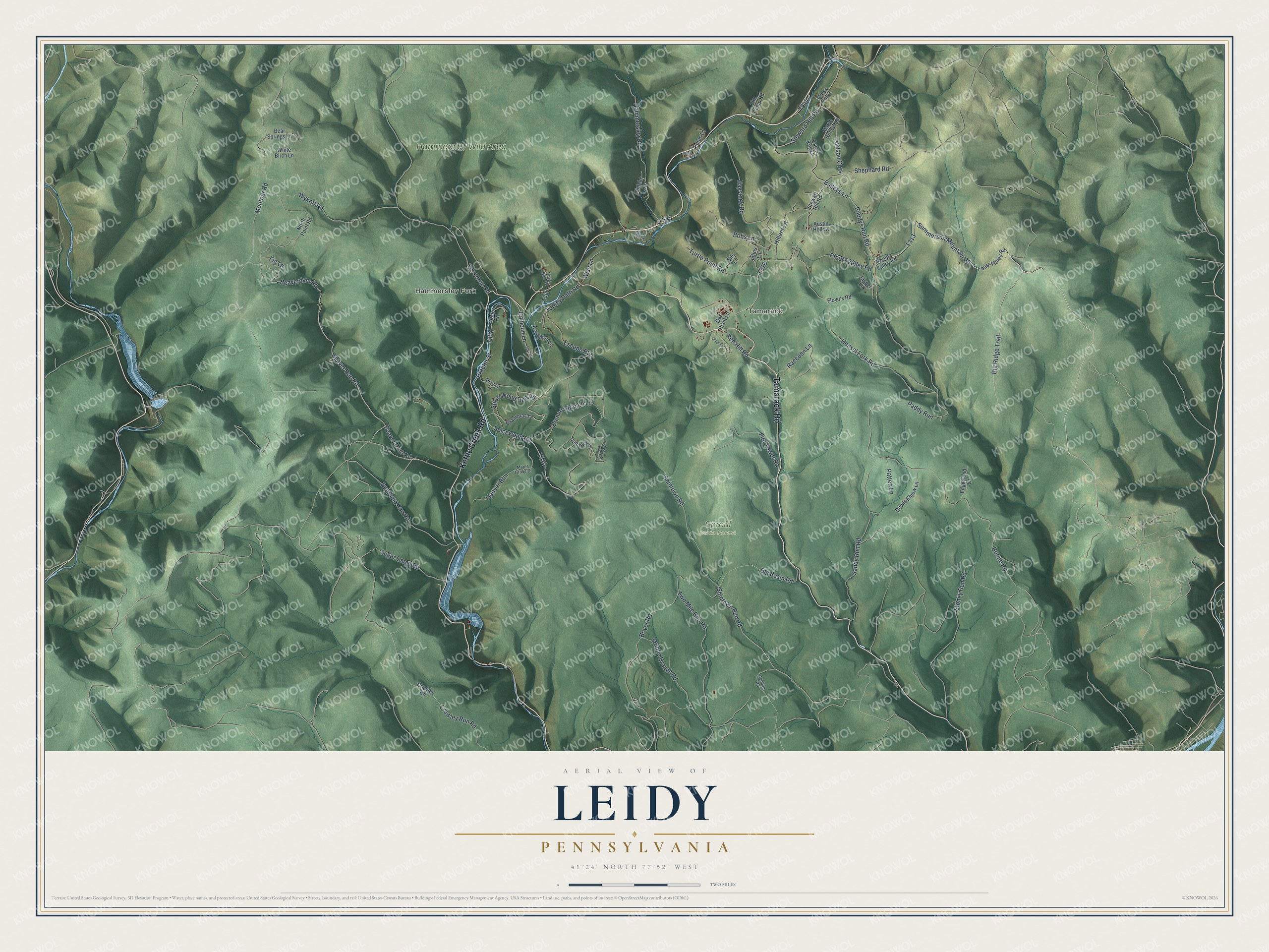 Full map of Leidy, Pennsylvania, with red buildings, printed street names and the land around them