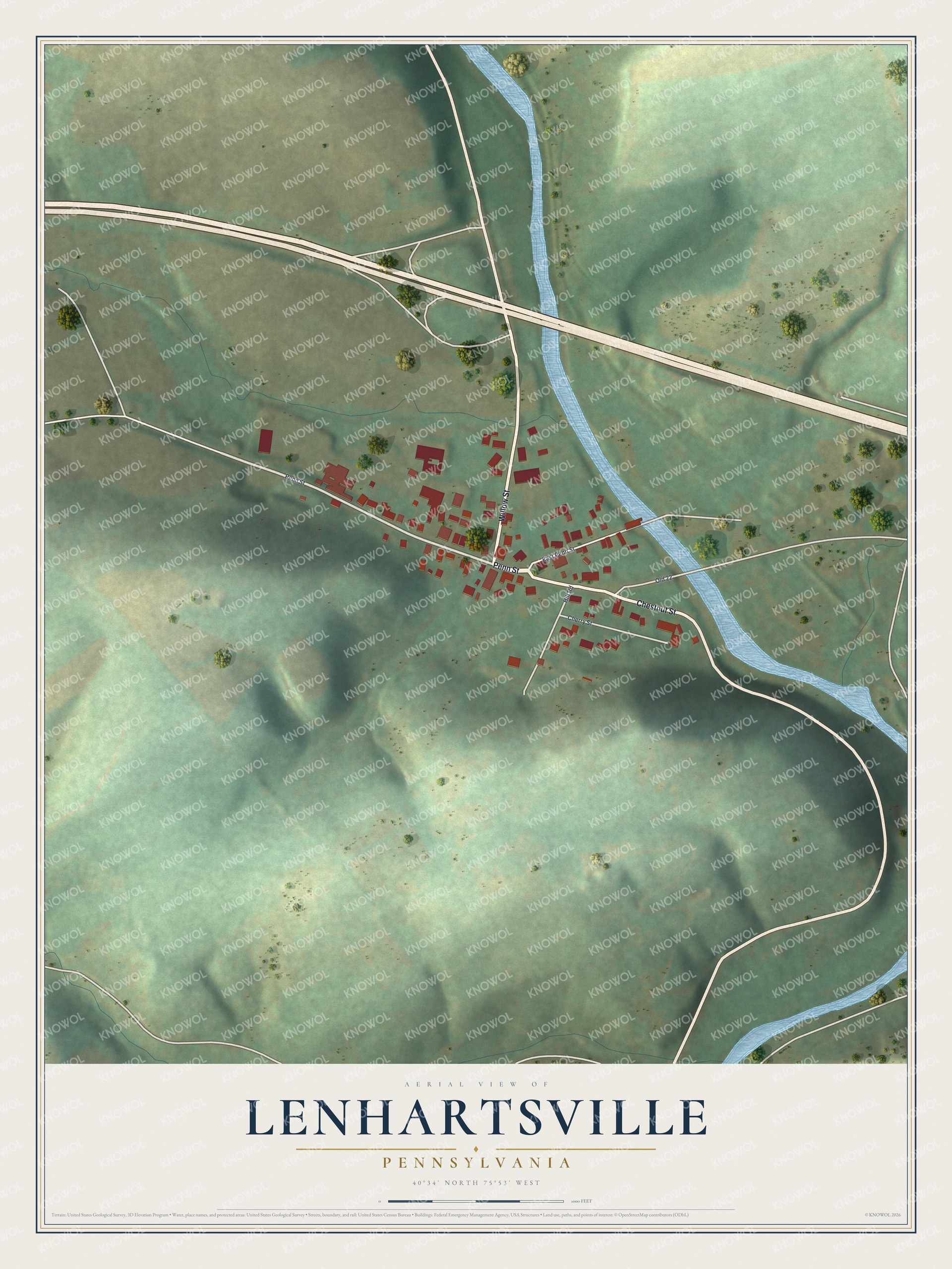 Full map of Lenhartsville, Pennsylvania, with red buildings, printed street names and the land around them