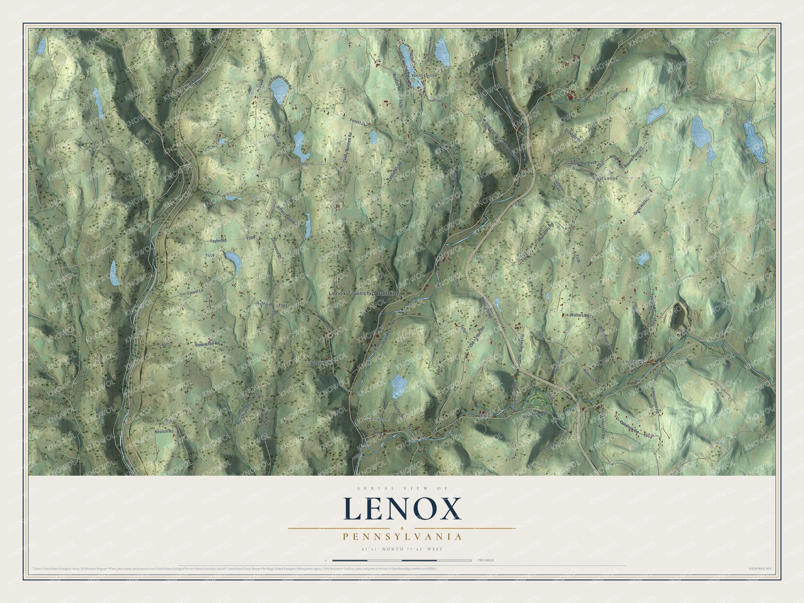 Full map of Lenox, Pennsylvania, with red buildings, printed street names and the land around them