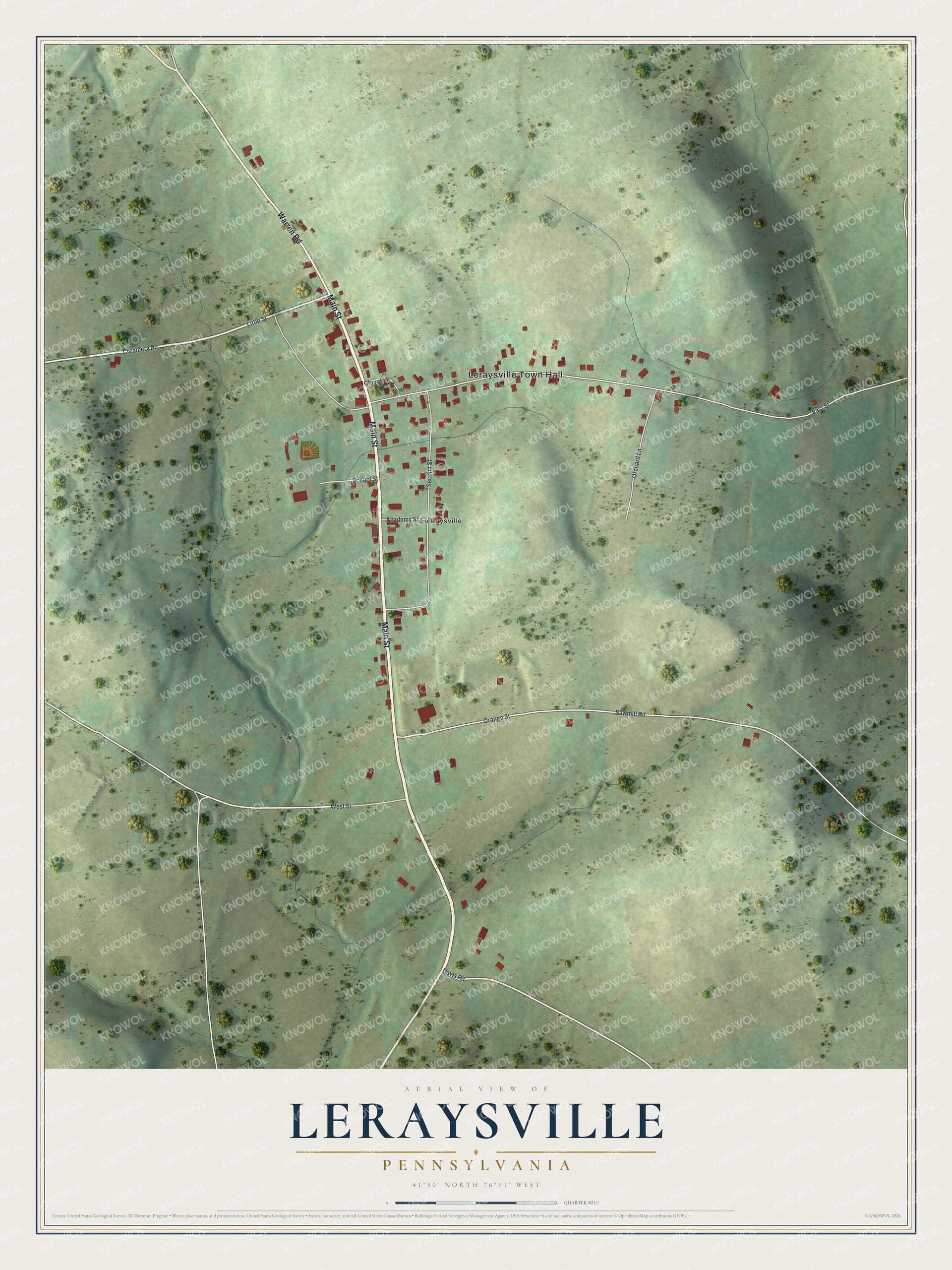 Full map of LeRaysville, Pennsylvania, with red buildings, printed street names and the land around them