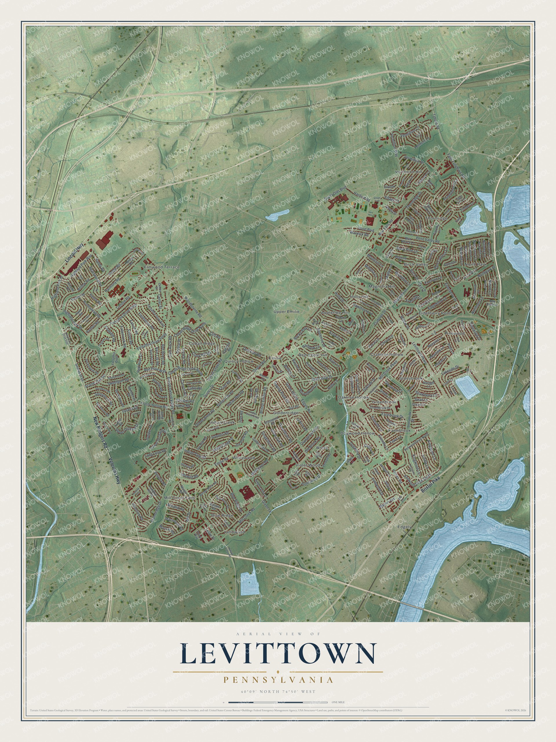 Full map of Levittown, Pennsylvania, with red buildings, printed street names and the land around them