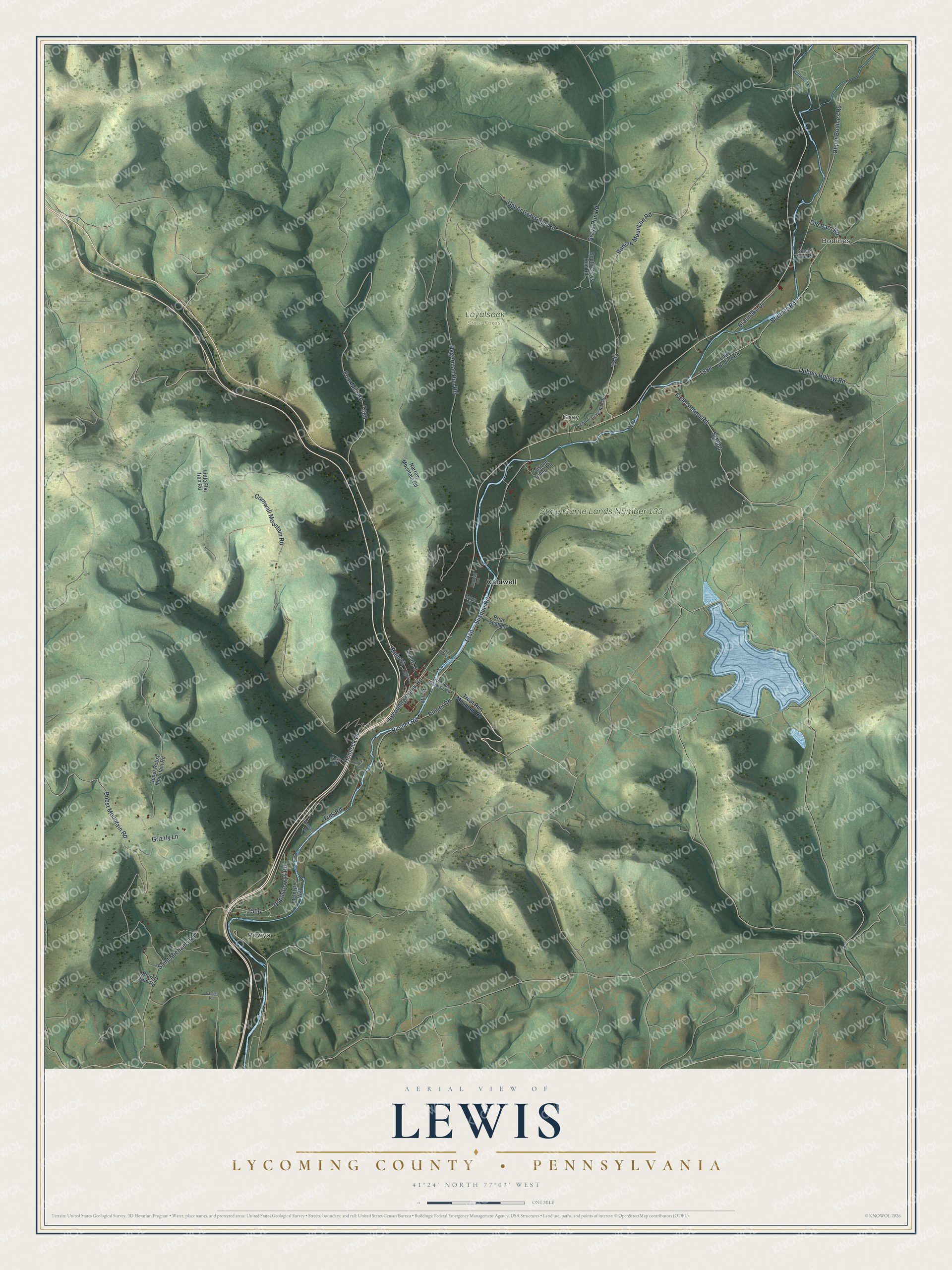 Full map of Lewis, Lycoming County, Pennsylvania, with red buildings, printed street names and the land around them