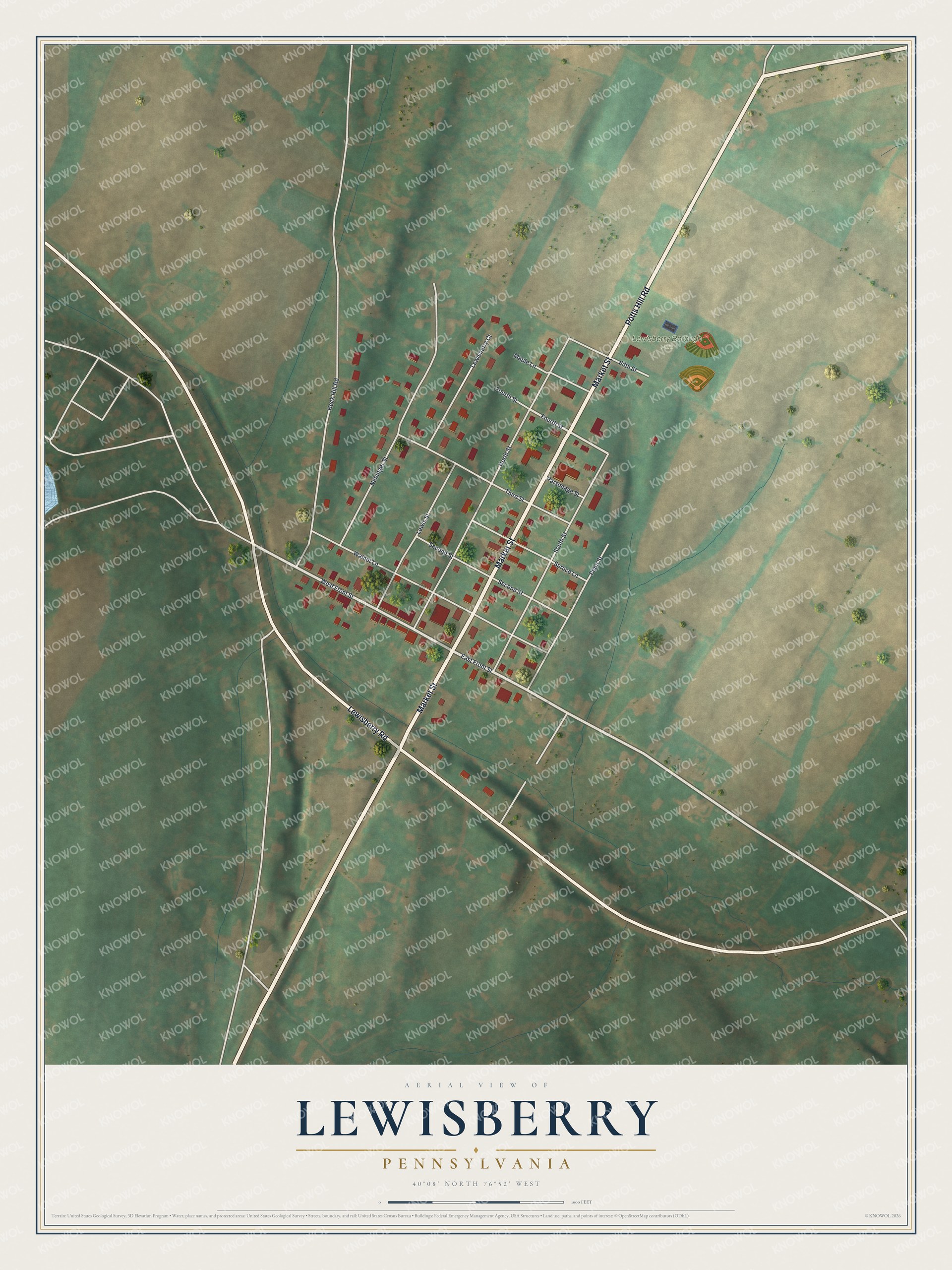 Full map of Lewisberry, Pennsylvania, with red buildings, printed street names and the land around them