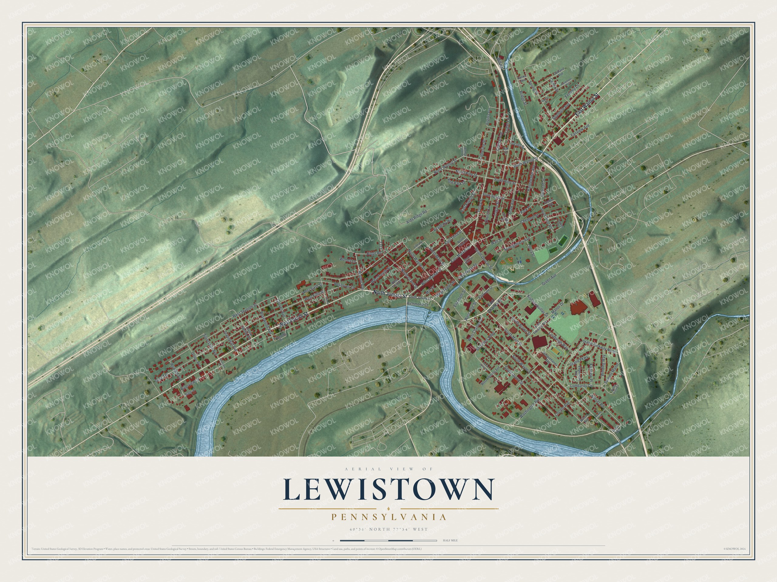 Full map of Lewistown, Pennsylvania, with red buildings, printed street names and the land around them