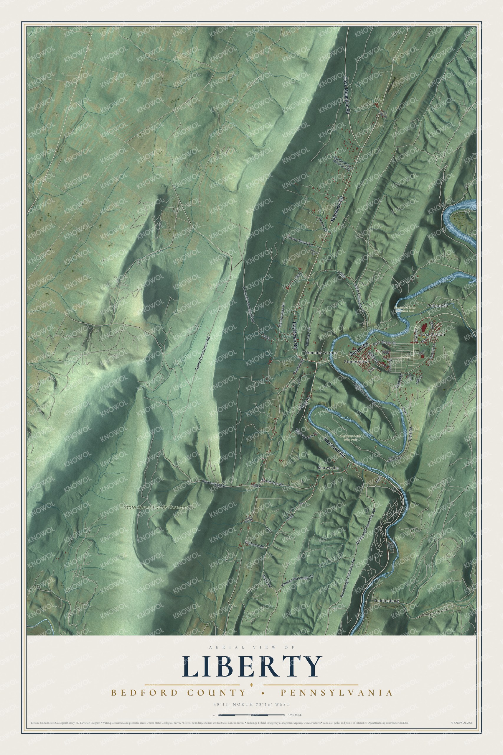 Full map of Liberty, Bedford County, Pennsylvania, with red buildings, printed street names and the land around them