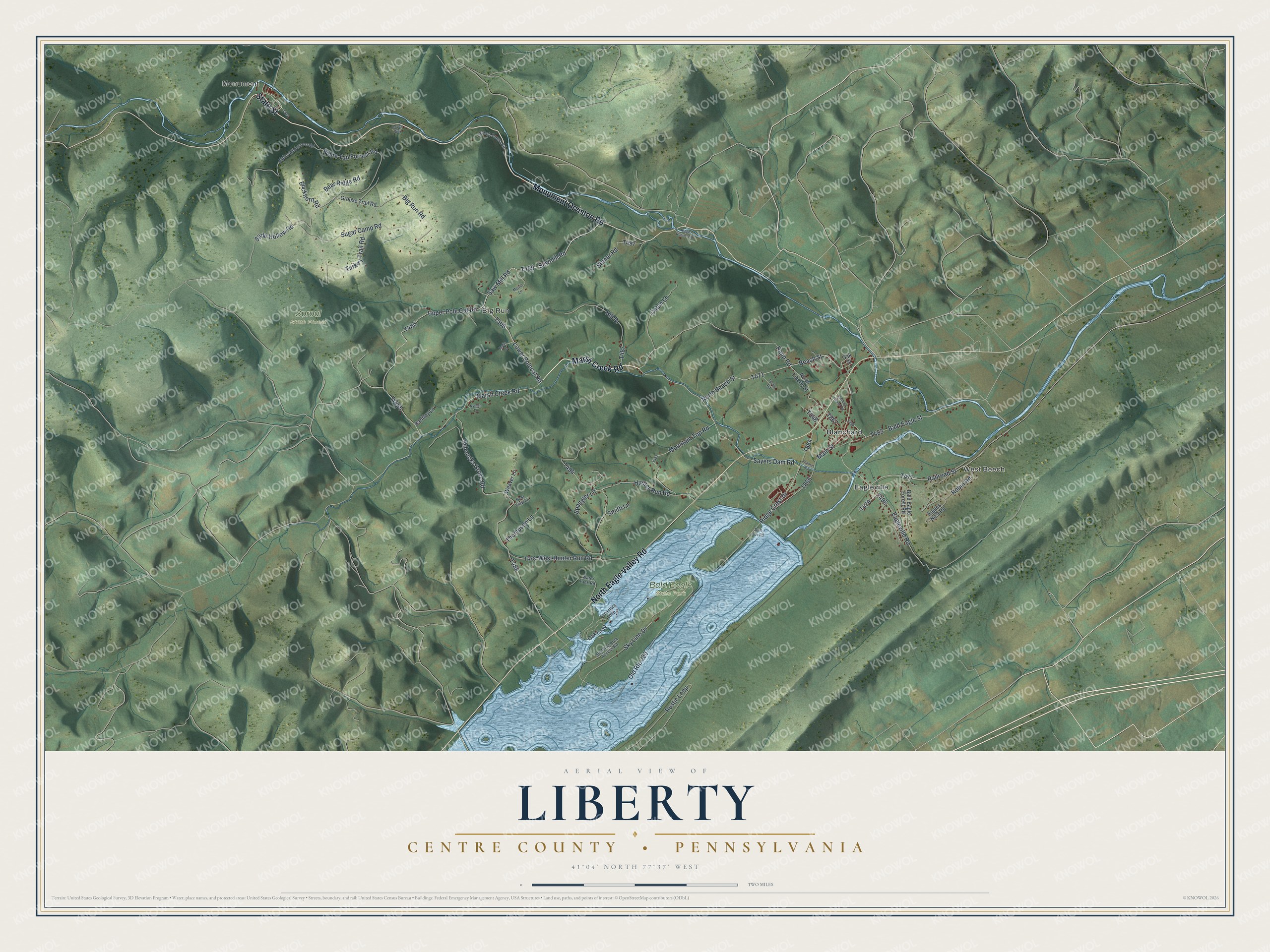 Full map of Liberty, Centre County, Pennsylvania, with red buildings, printed street names and the land around them