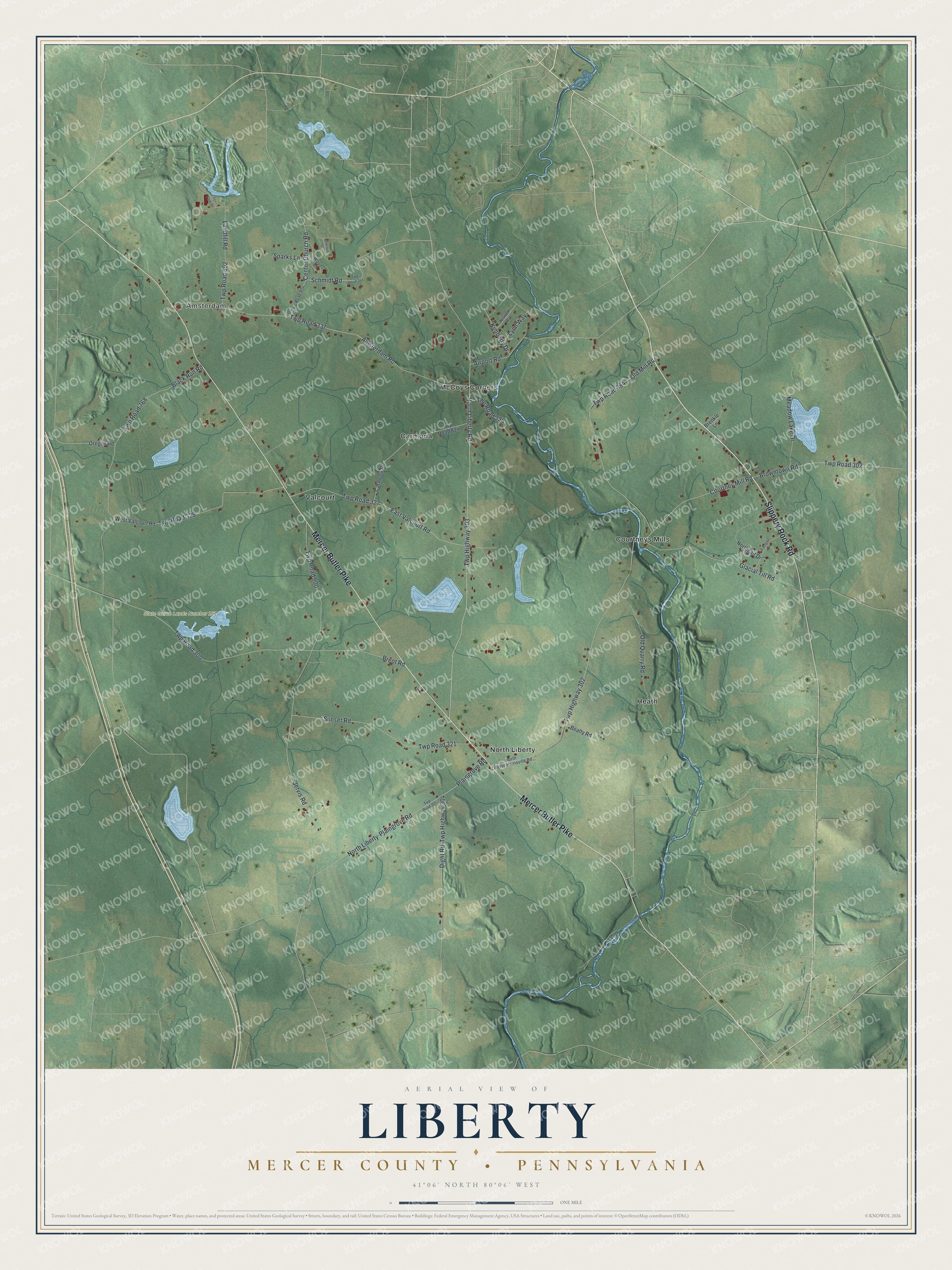 Full map of Liberty, Mercer County, Pennsylvania, with red buildings, printed street names and the land around them