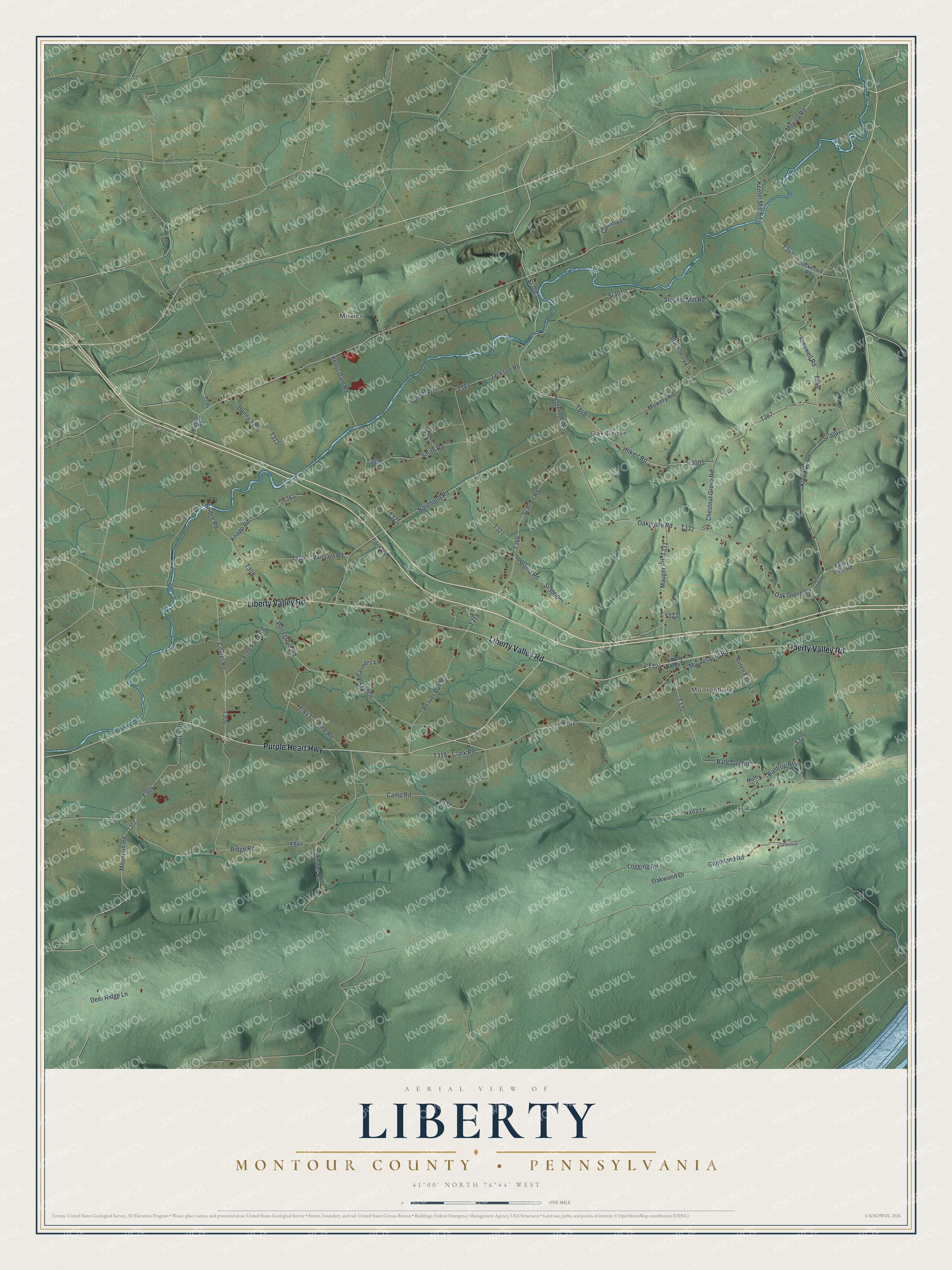 Full map of Liberty, Montour County, Pennsylvania, with red buildings, printed street names and the land around them