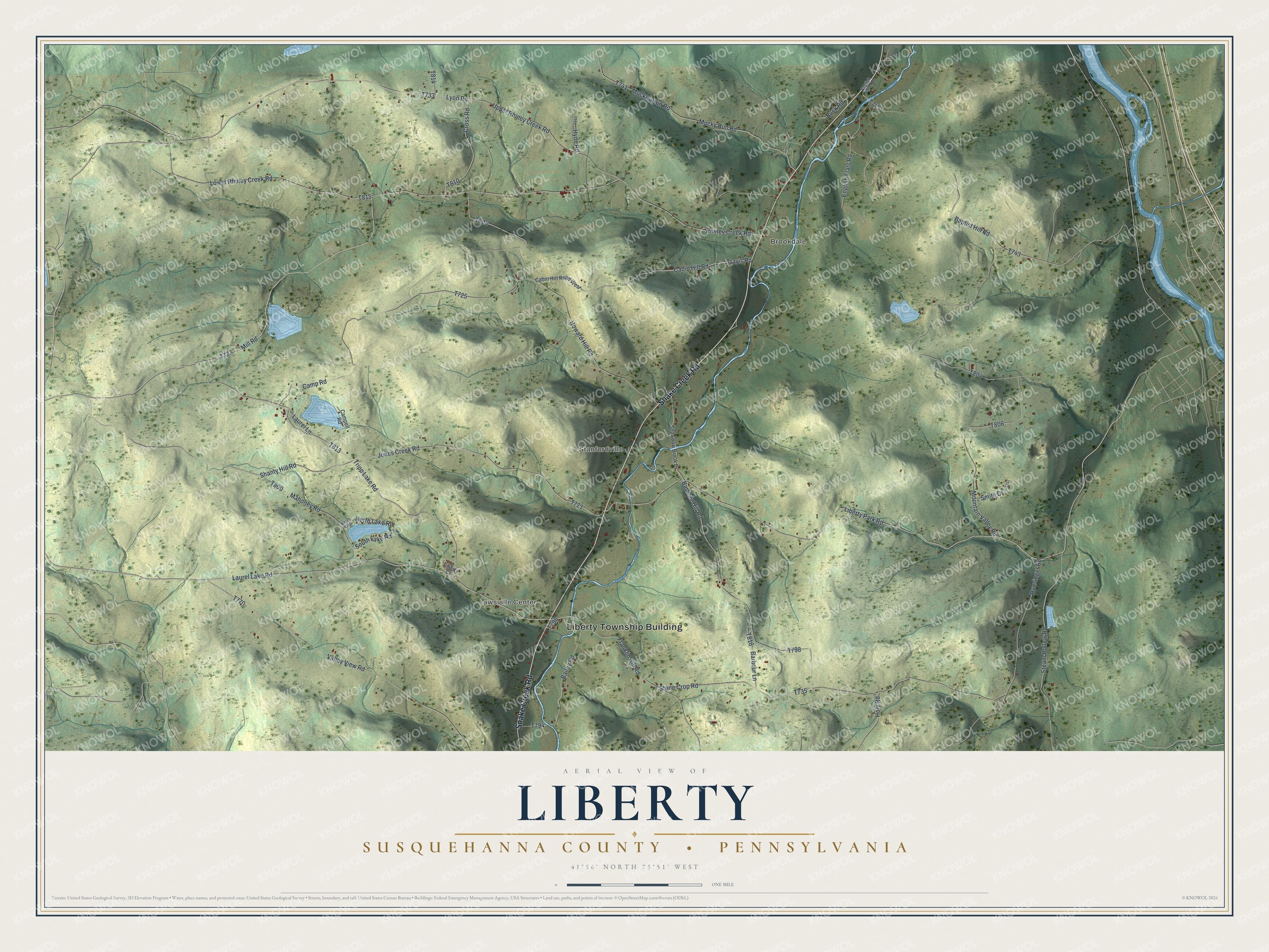 Full map of Liberty, Susquehanna County, Pennsylvania, with red buildings, printed street names and the land around them