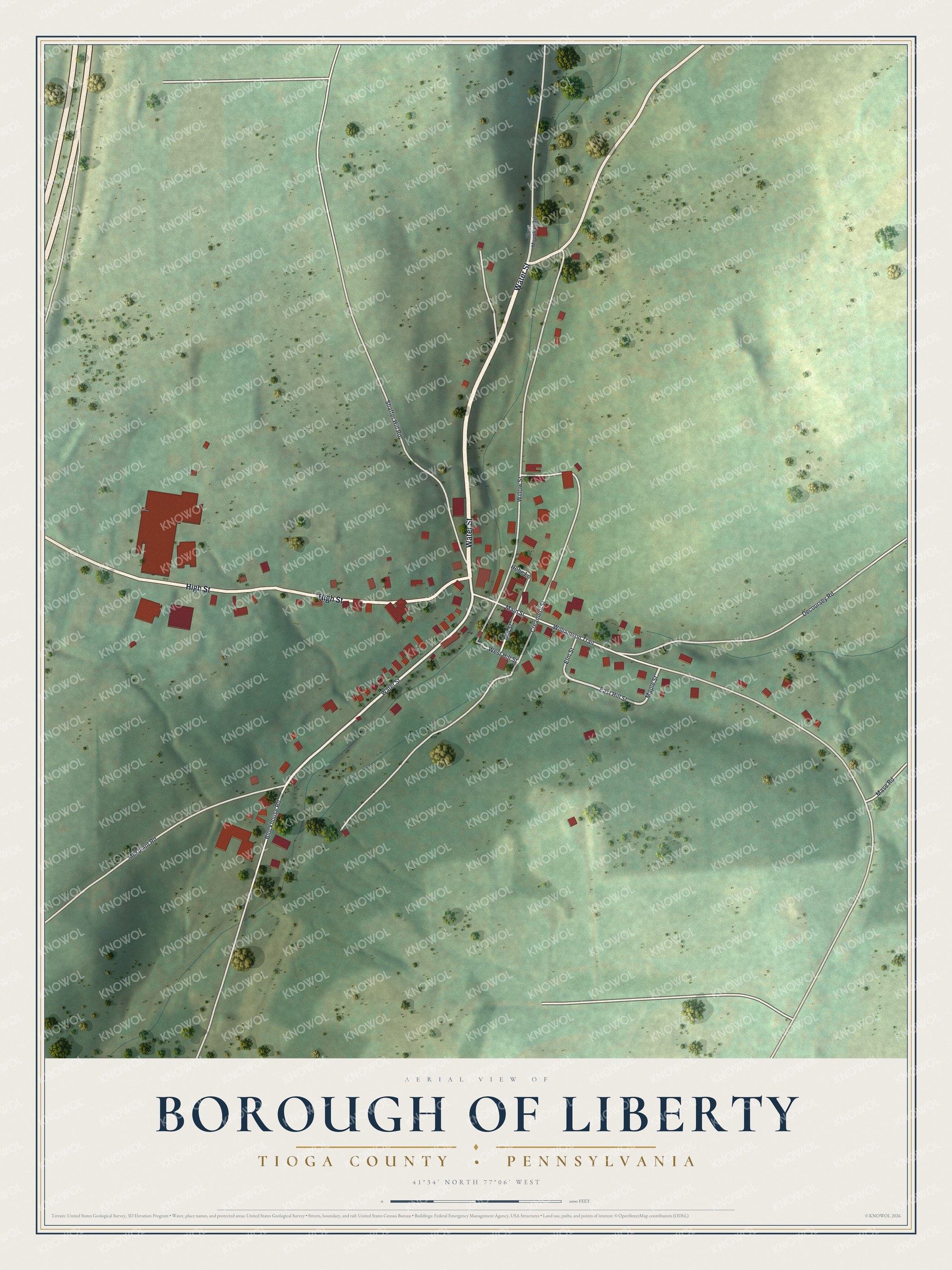Full map of Liberty Borough, Tioga County, Pennsylvania, with red buildings, printed street names and the land around them