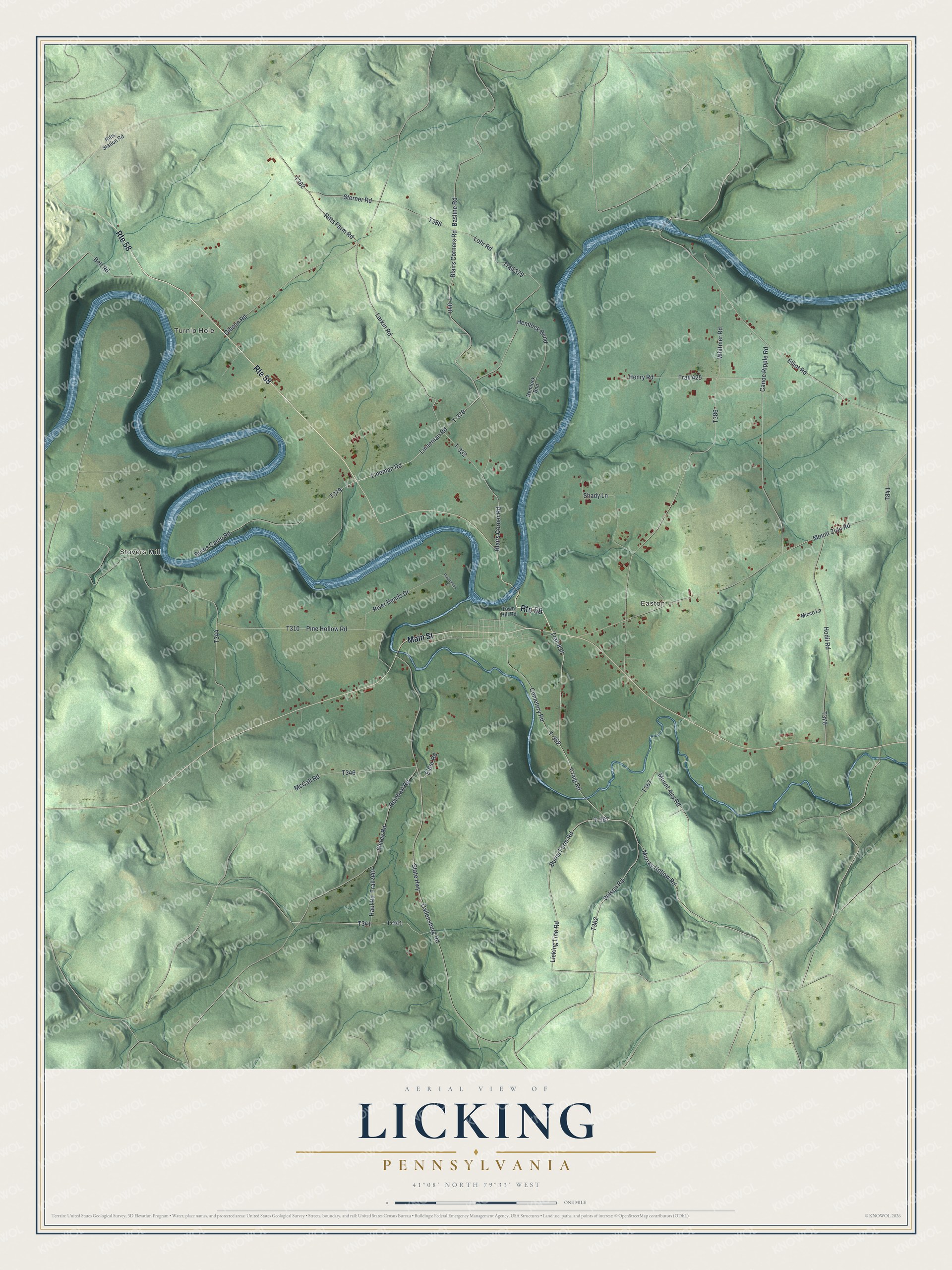 Full map of Licking, Pennsylvania, with red buildings, printed street names and the land around them