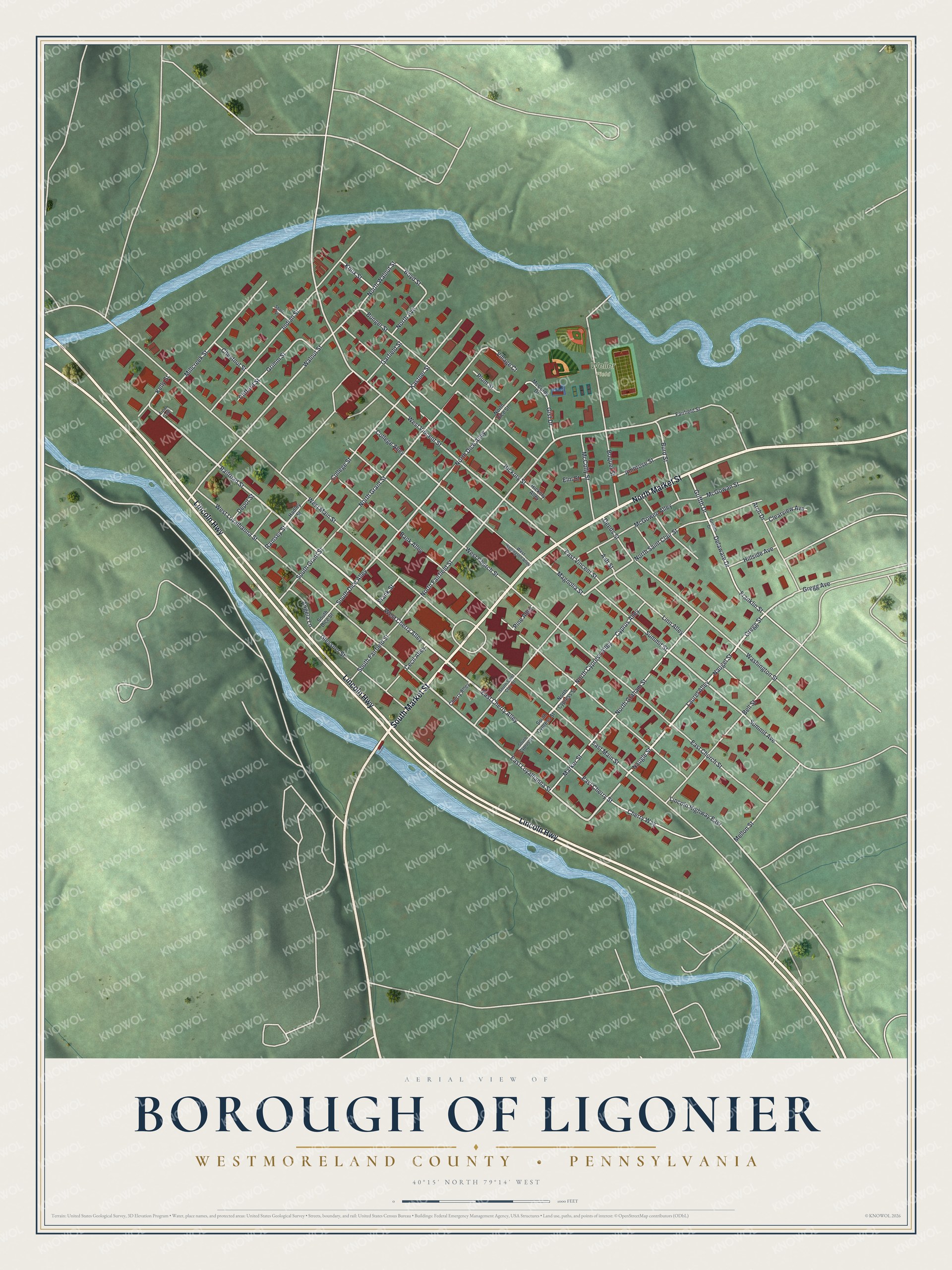 Full map of Ligonier Borough, Pennsylvania, with red buildings, printed street names and the land around them