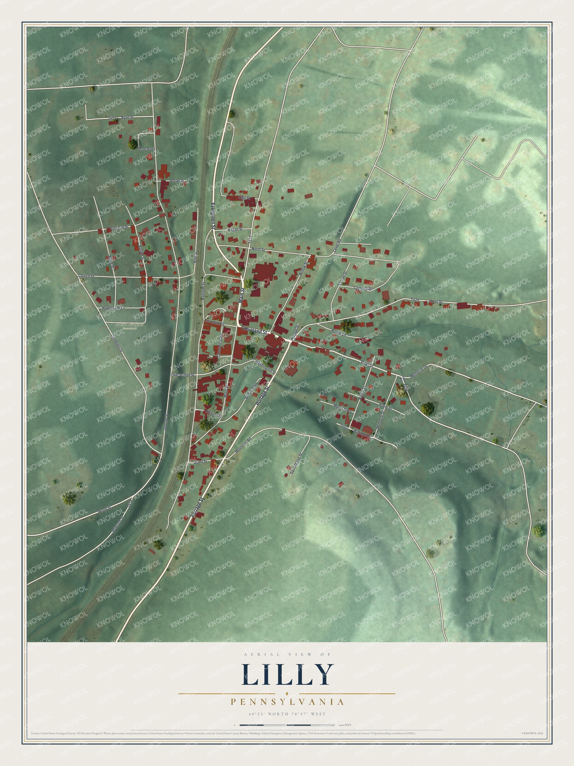 Full map of Lilly, Pennsylvania, with red buildings, printed street names and the land around them