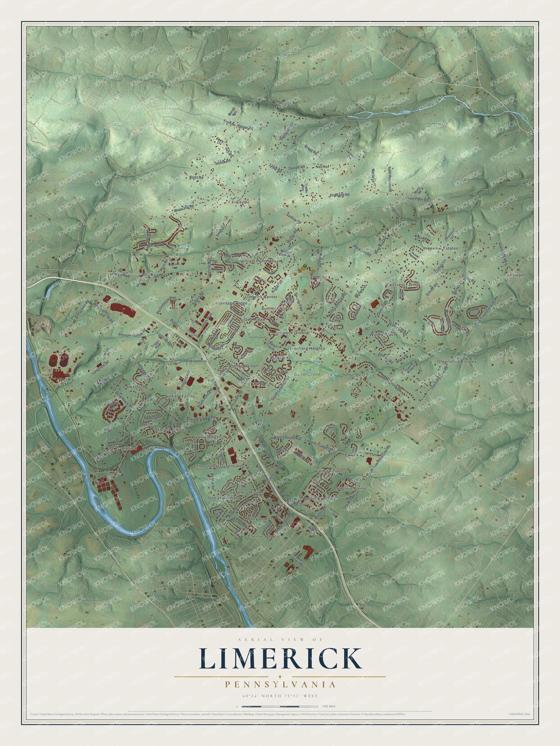 Full map of Limerick, Pennsylvania, with red buildings, printed street names and the land around them