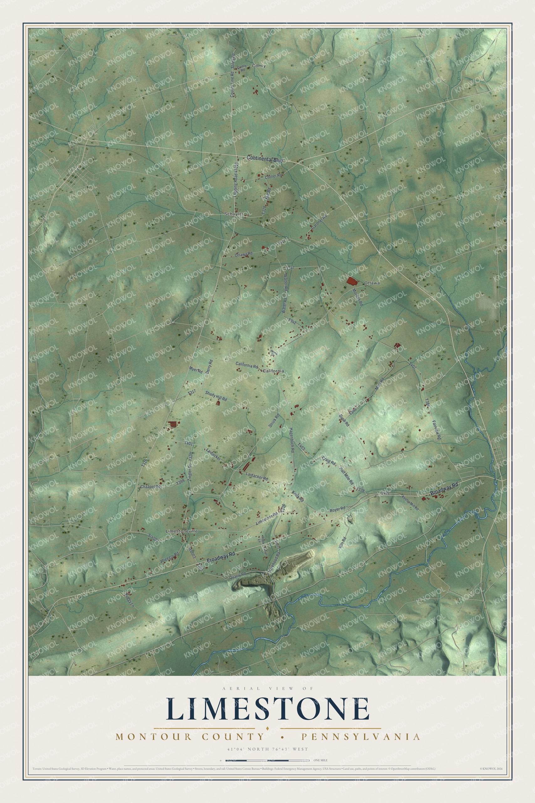 Full map of Limestone, Montour County, Pennsylvania, with red buildings, printed street names and the land around them