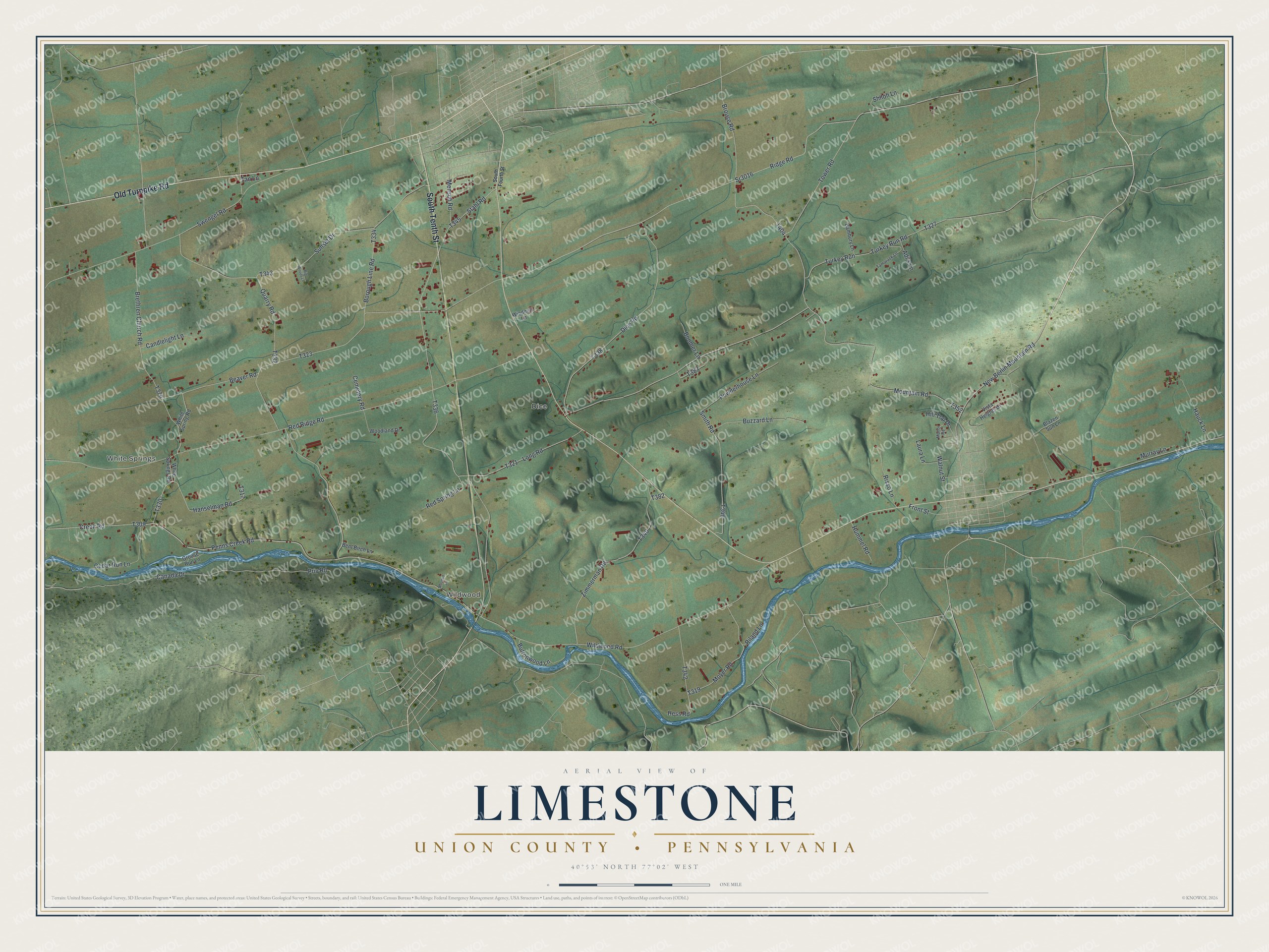 Full map of Limestone, Union County, Pennsylvania, with red buildings, printed street names and the land around them