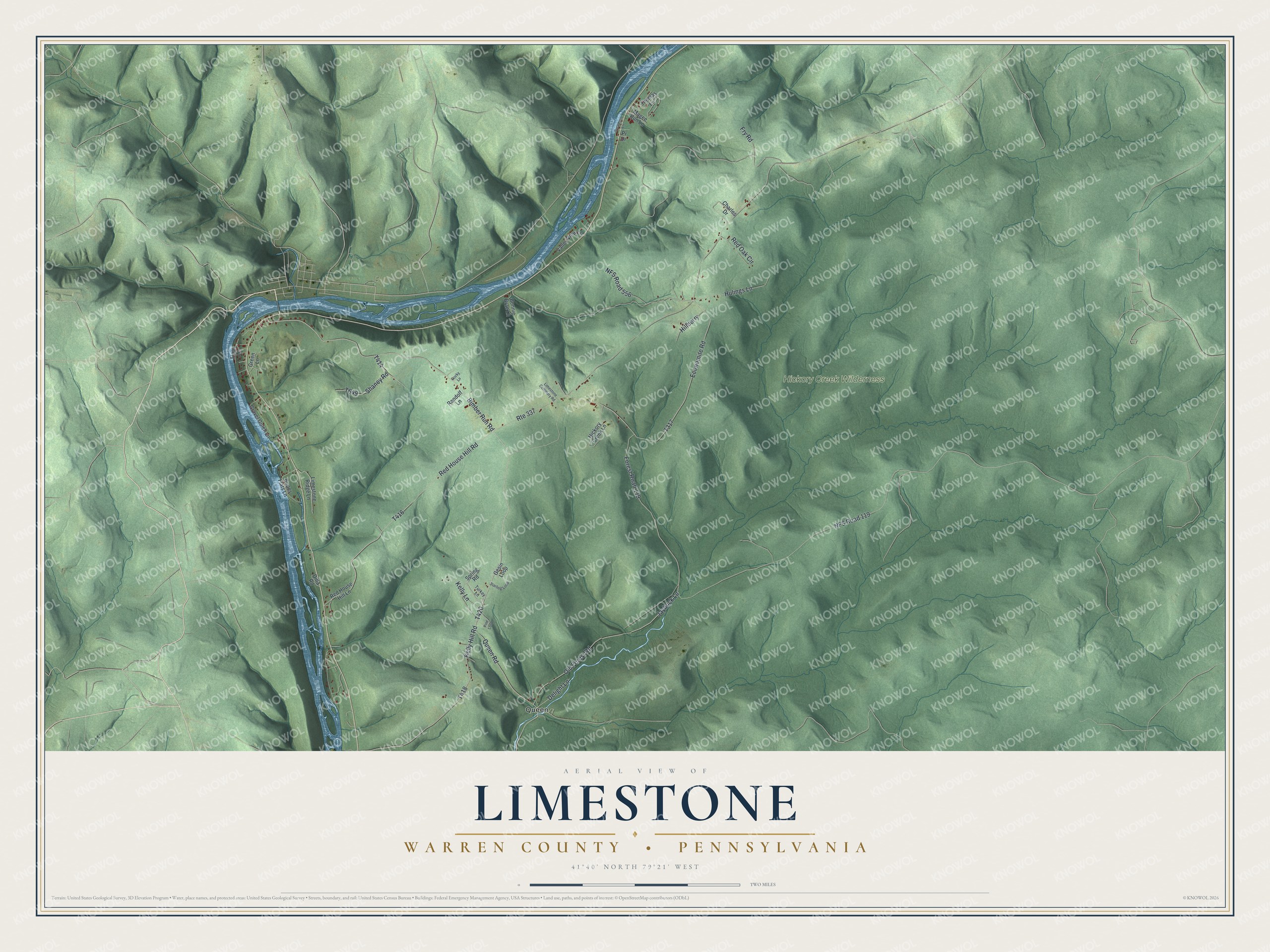 Full map of Limestone, Warren County, Pennsylvania, with red buildings, printed street names and the land around them
