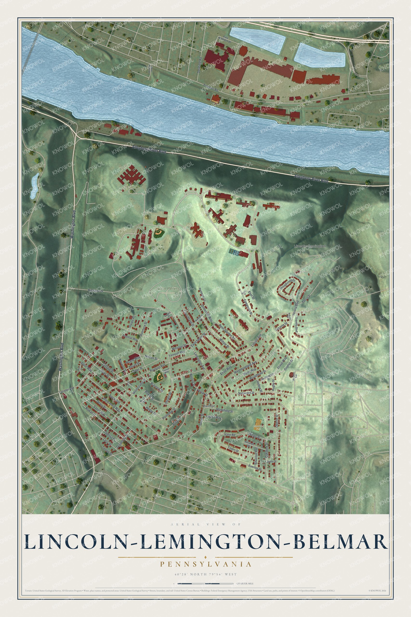Full map of Lincoln-Lemington-Belmar, Pennsylvania, with red buildings, printed street names and the land around them
