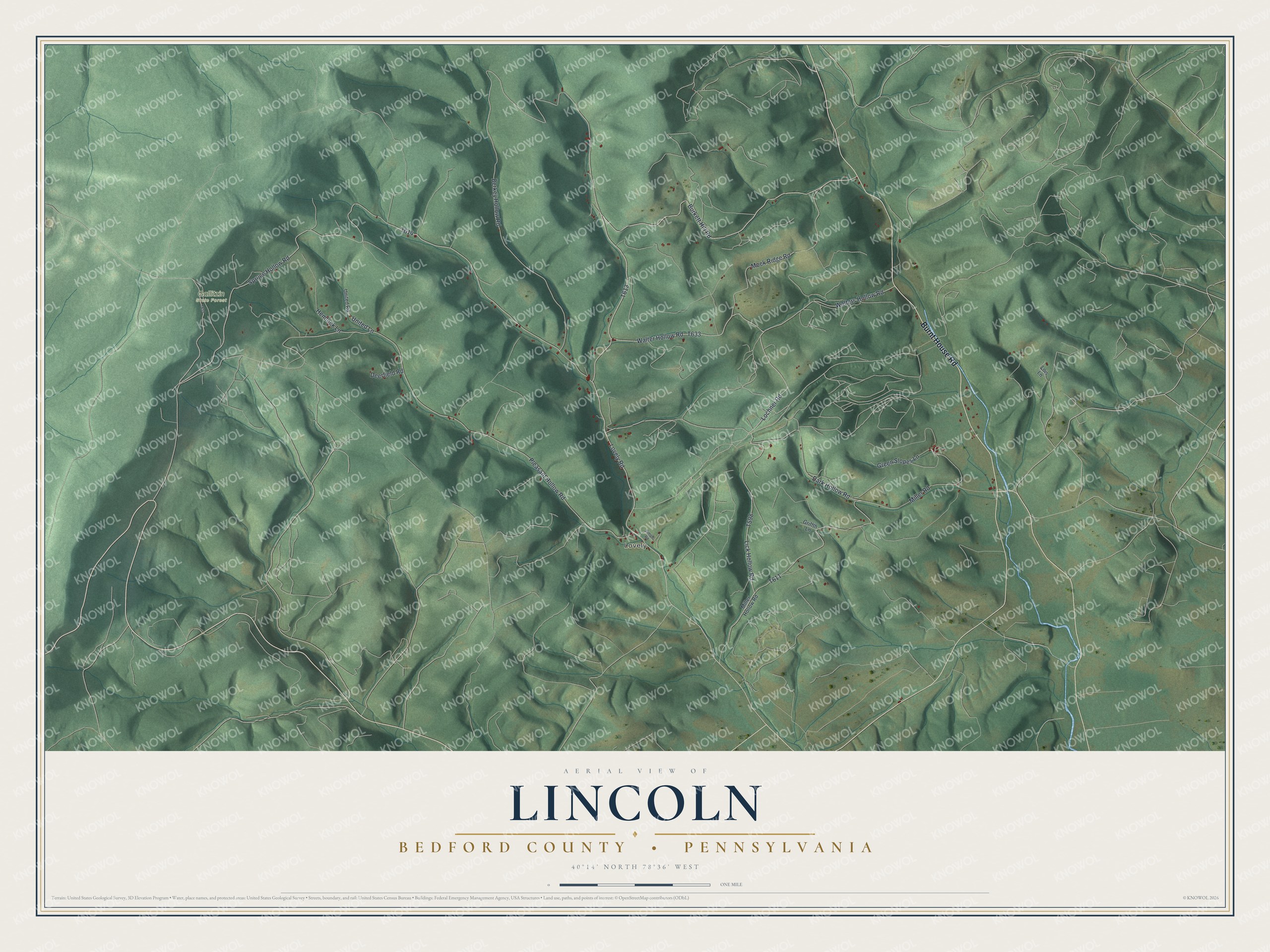 Full map of Lincoln, Bedford County, Pennsylvania, with red buildings, printed street names and the land around them
