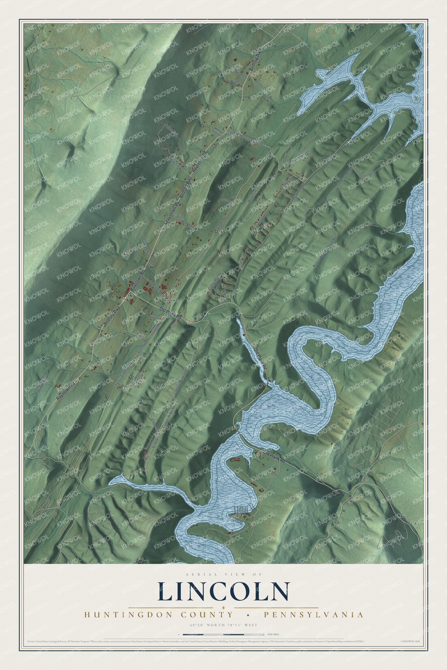 Full map of Lincoln, Huntingdon County, Pennsylvania, with red buildings, printed street names and the land around them