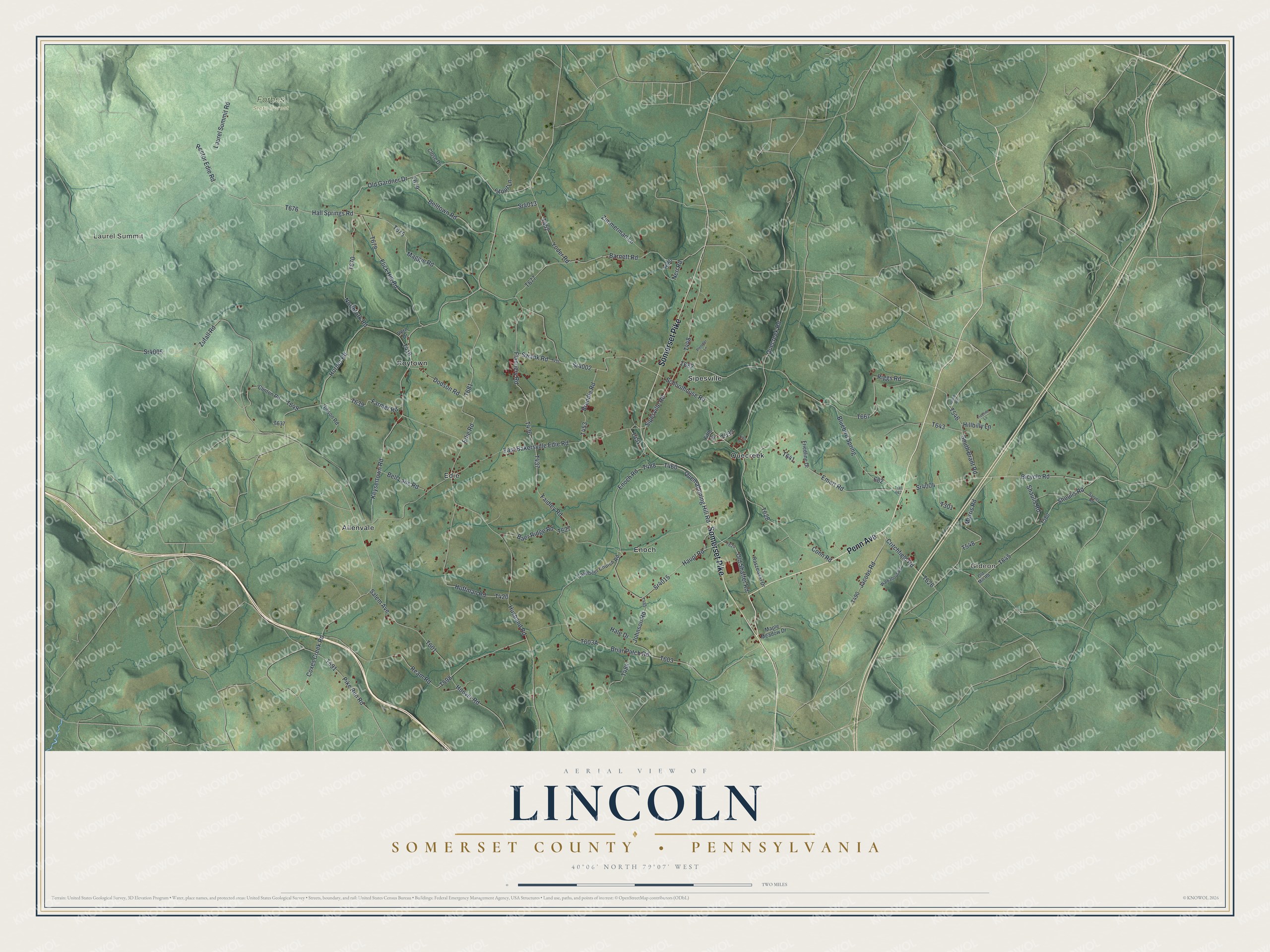 Full map of Lincoln, Somerset County, Pennsylvania, with red buildings, printed street names and the land around them