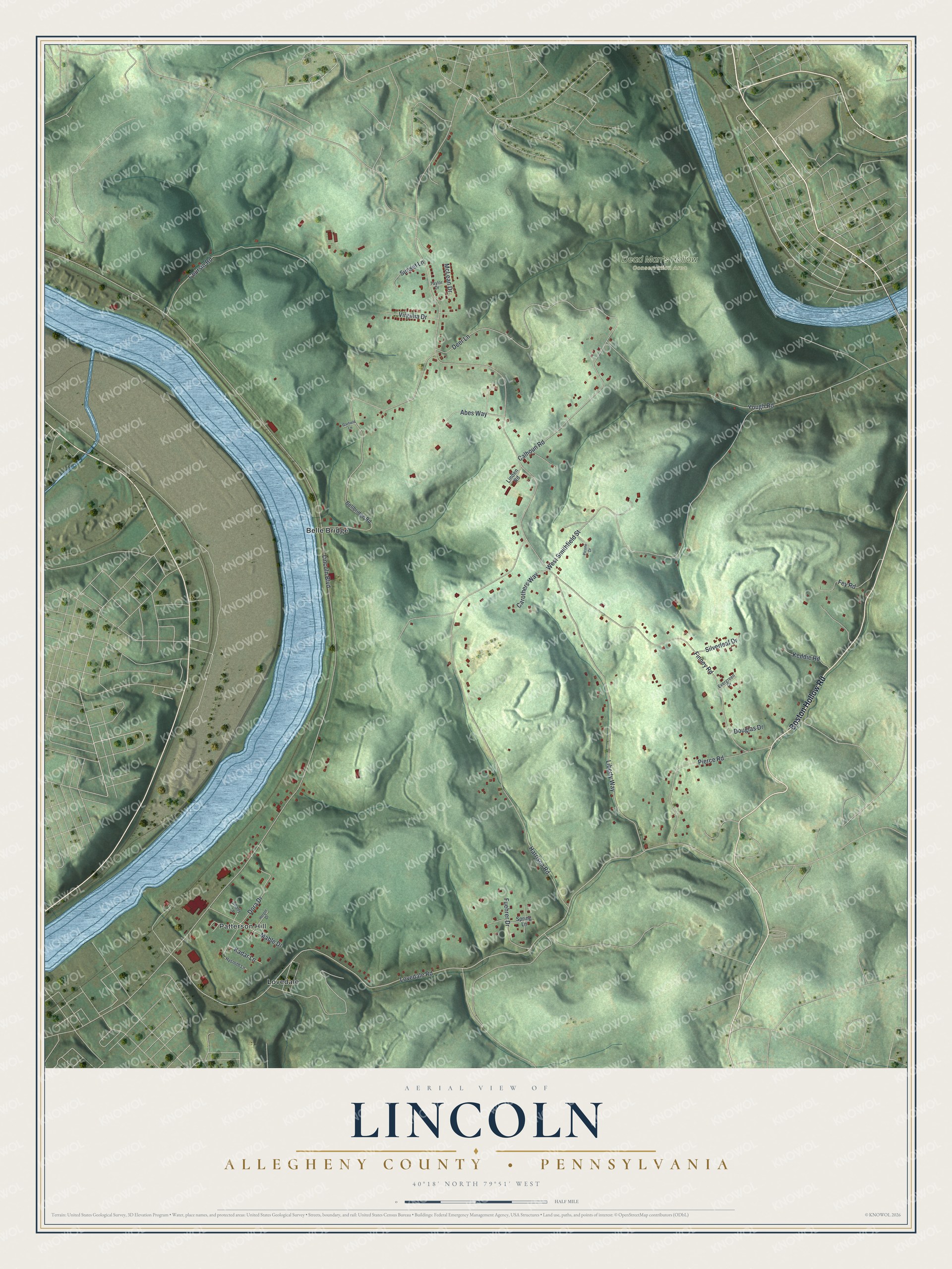 Full map of Lincoln, Allegheny County, Pennsylvania, with red buildings, printed street names and the land around them