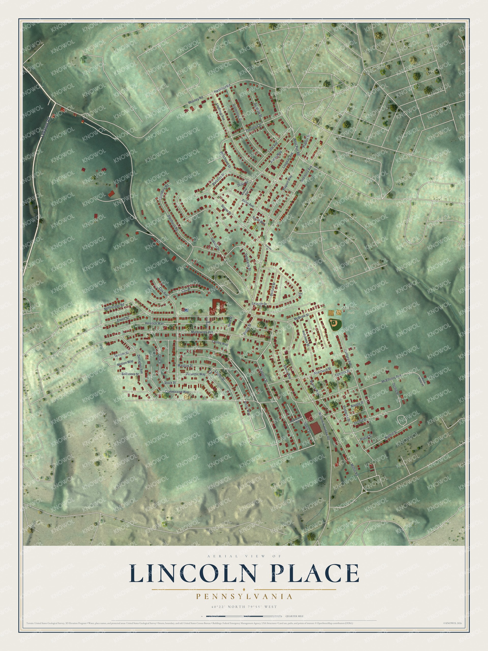 Full map of Lincoln Place, Pennsylvania, with red buildings, printed street names and the land around them