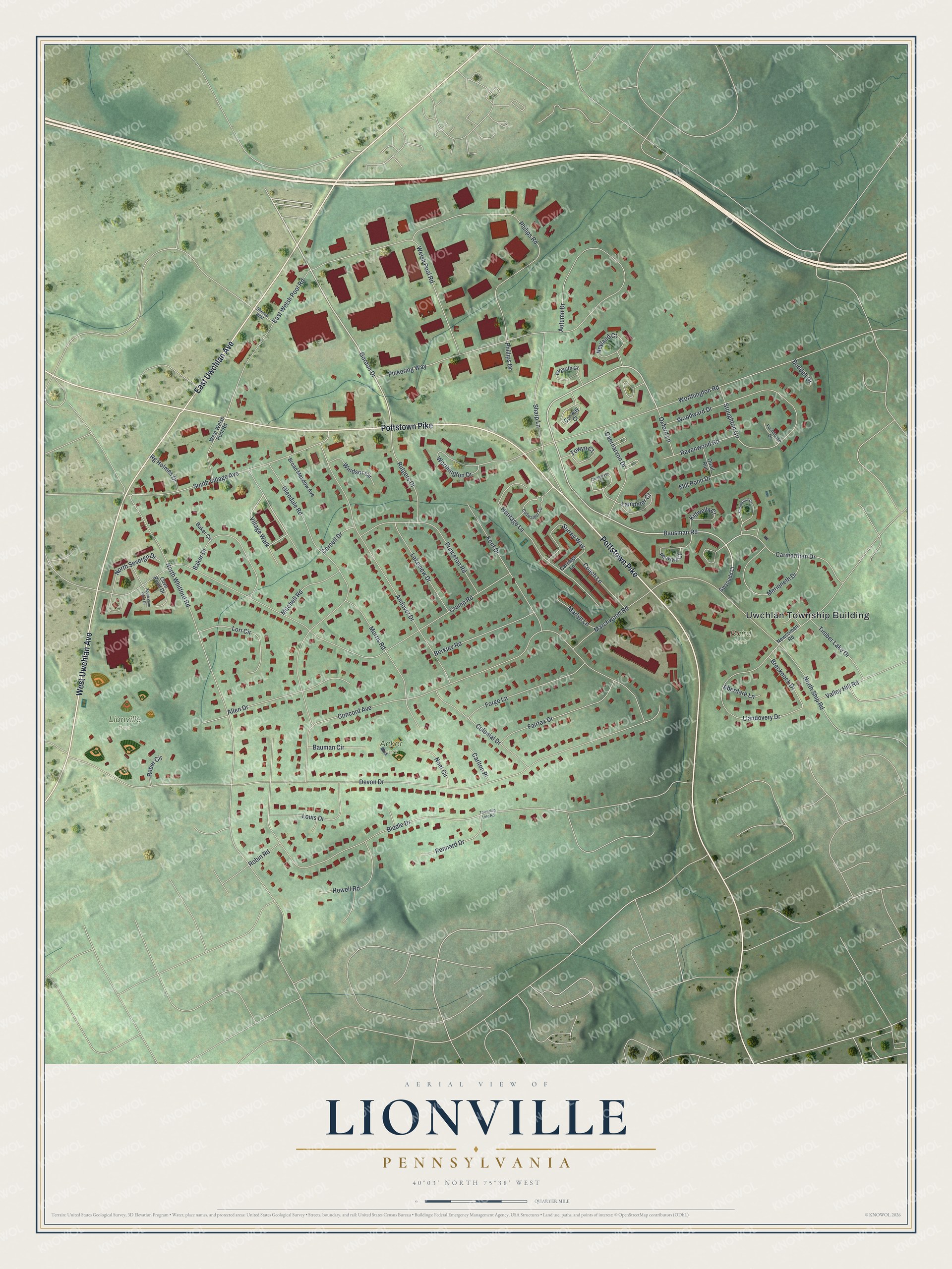 Full map of Lionville, Pennsylvania, with red buildings, printed street names and the land around them
