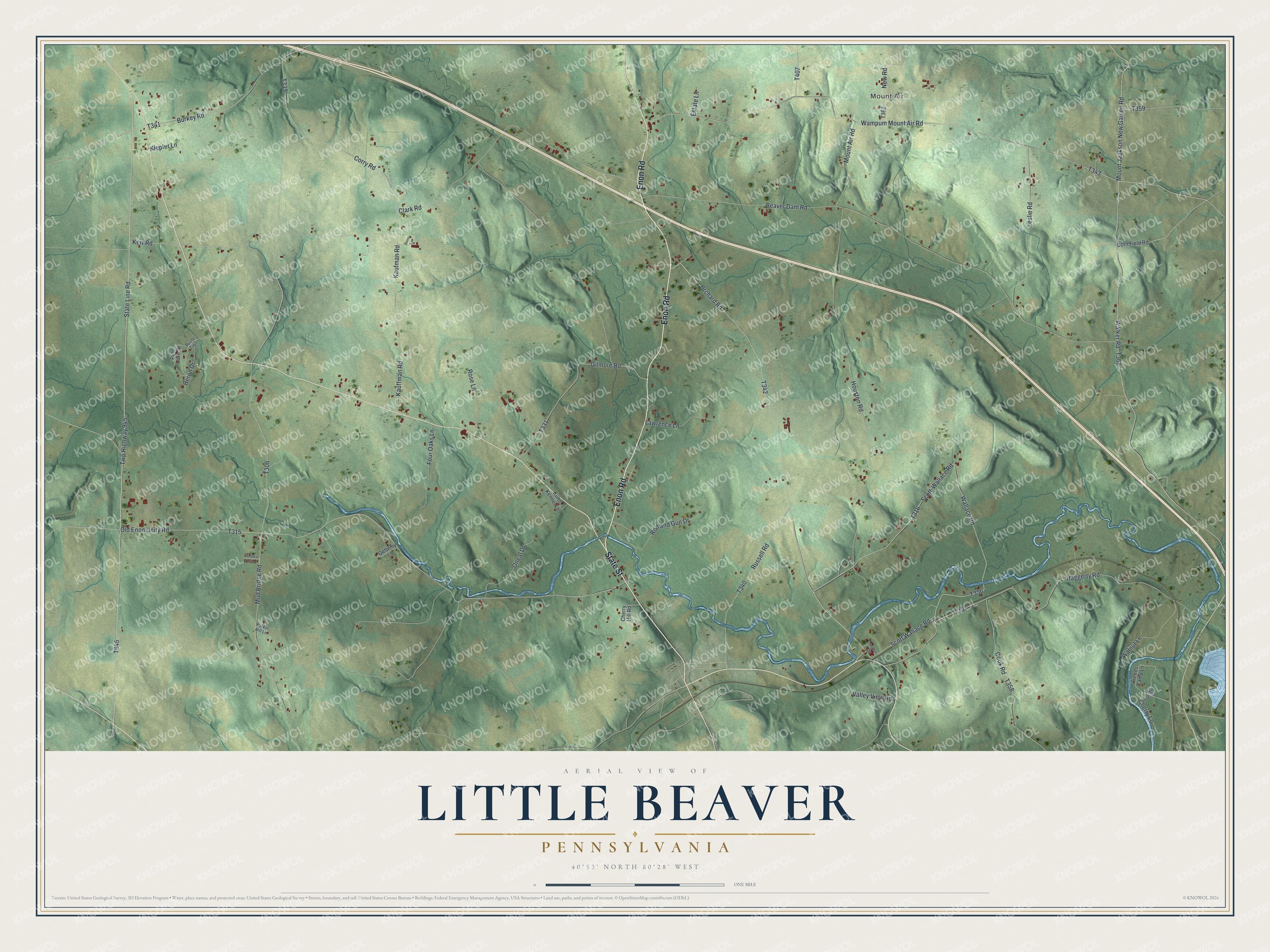 Full map of Little Beaver, Pennsylvania, with red buildings, printed street names and the land around them