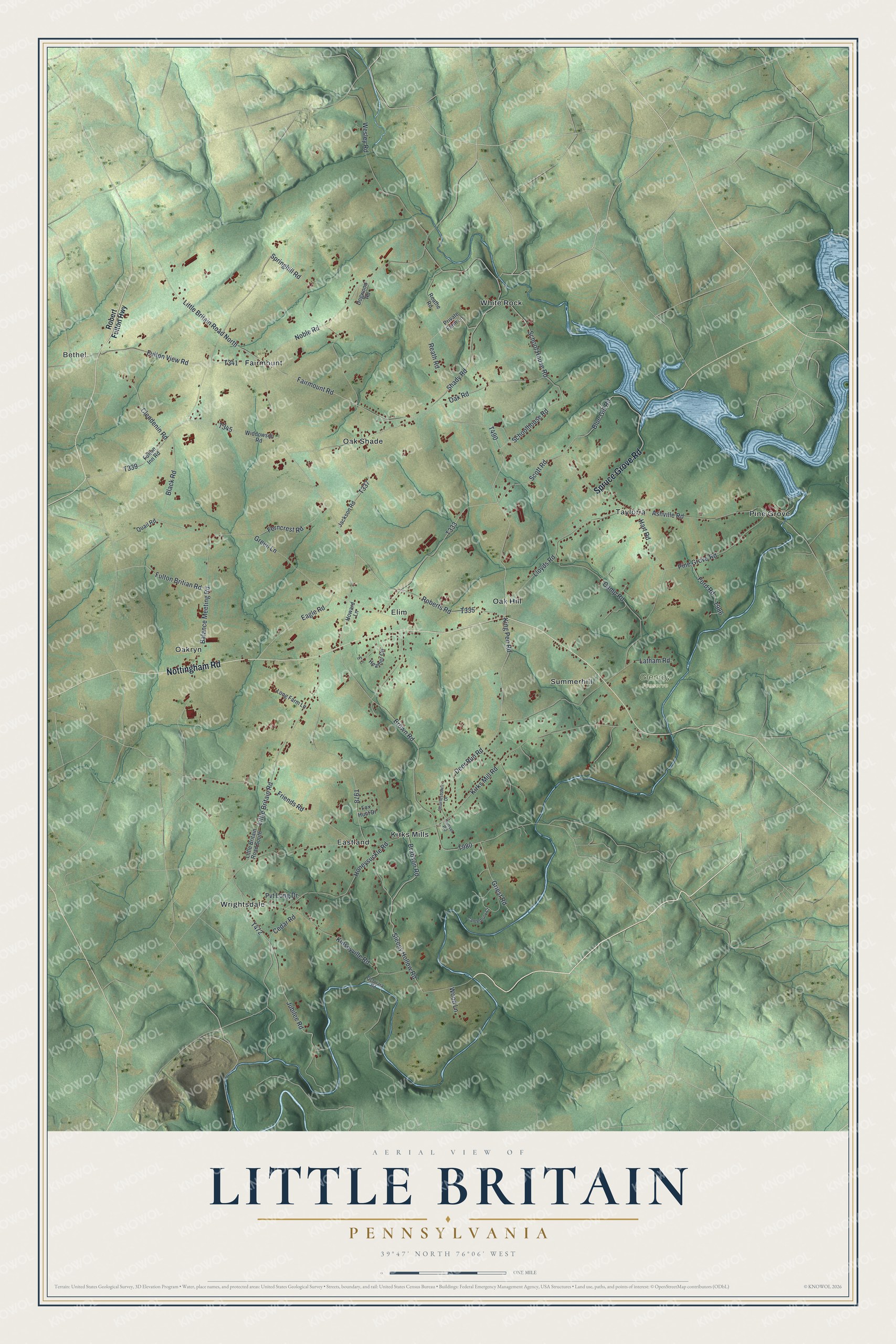 Full map of Little Britain, Pennsylvania, with red buildings, printed street names and the land around them