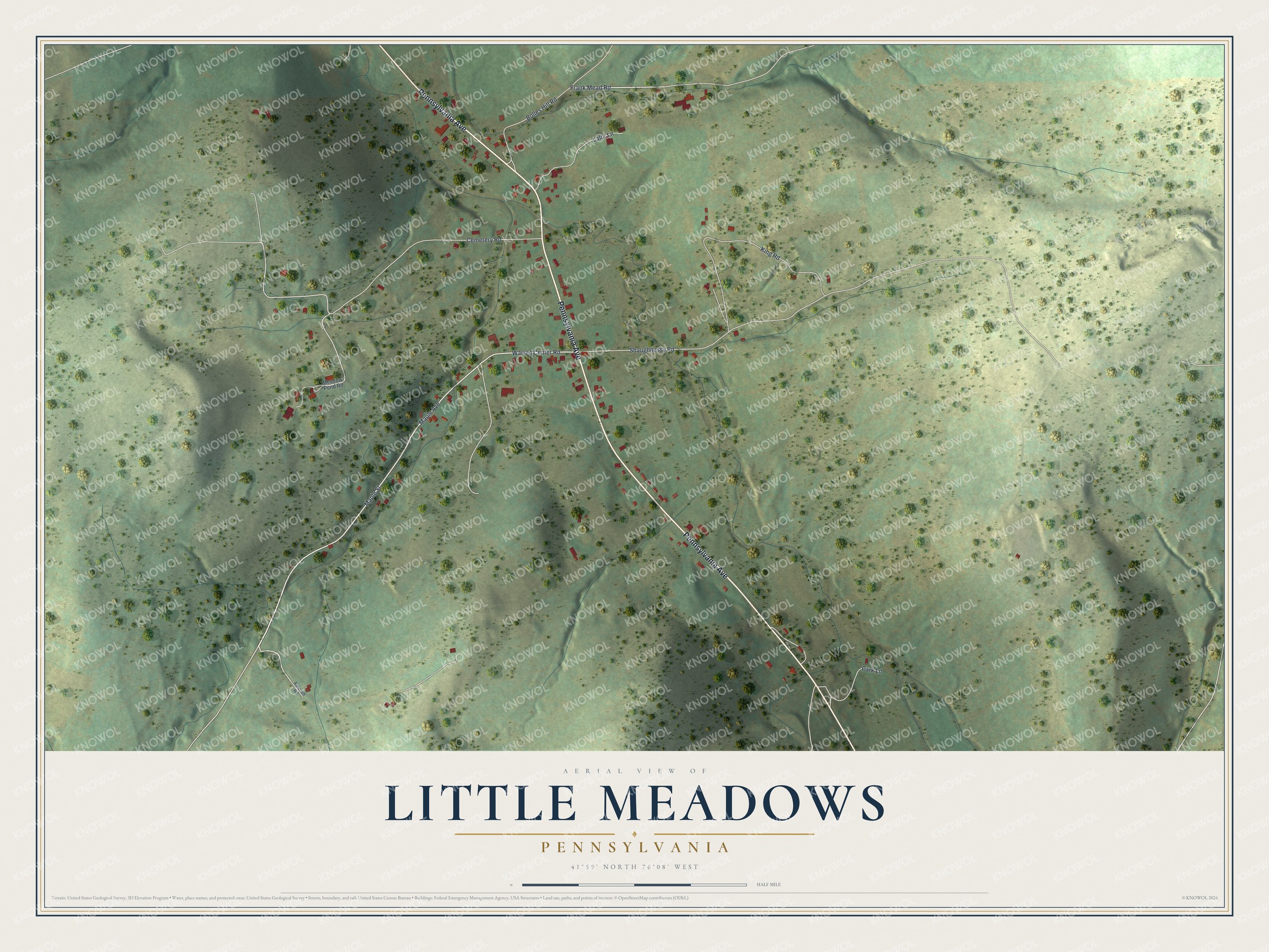 Full map of Little Meadows, Pennsylvania, with red buildings, printed street names and the land around them