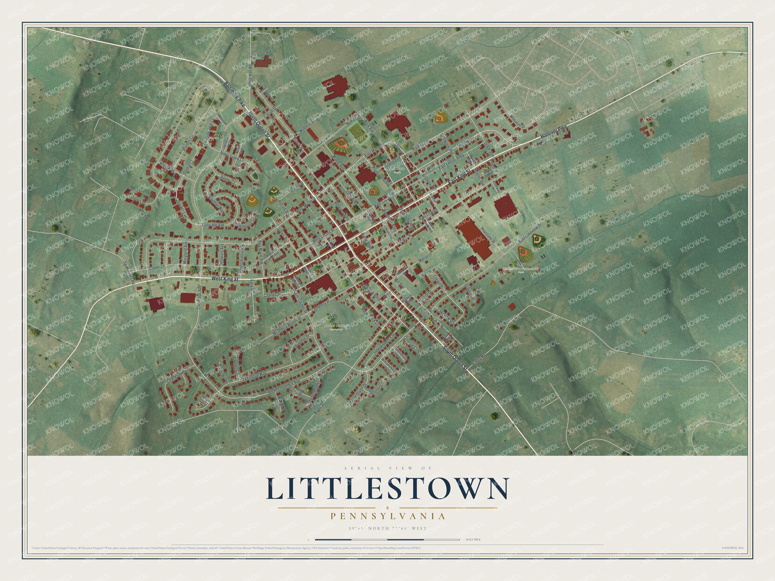 Full map of Littlestown, Pennsylvania, with red buildings, printed street names and the land around them