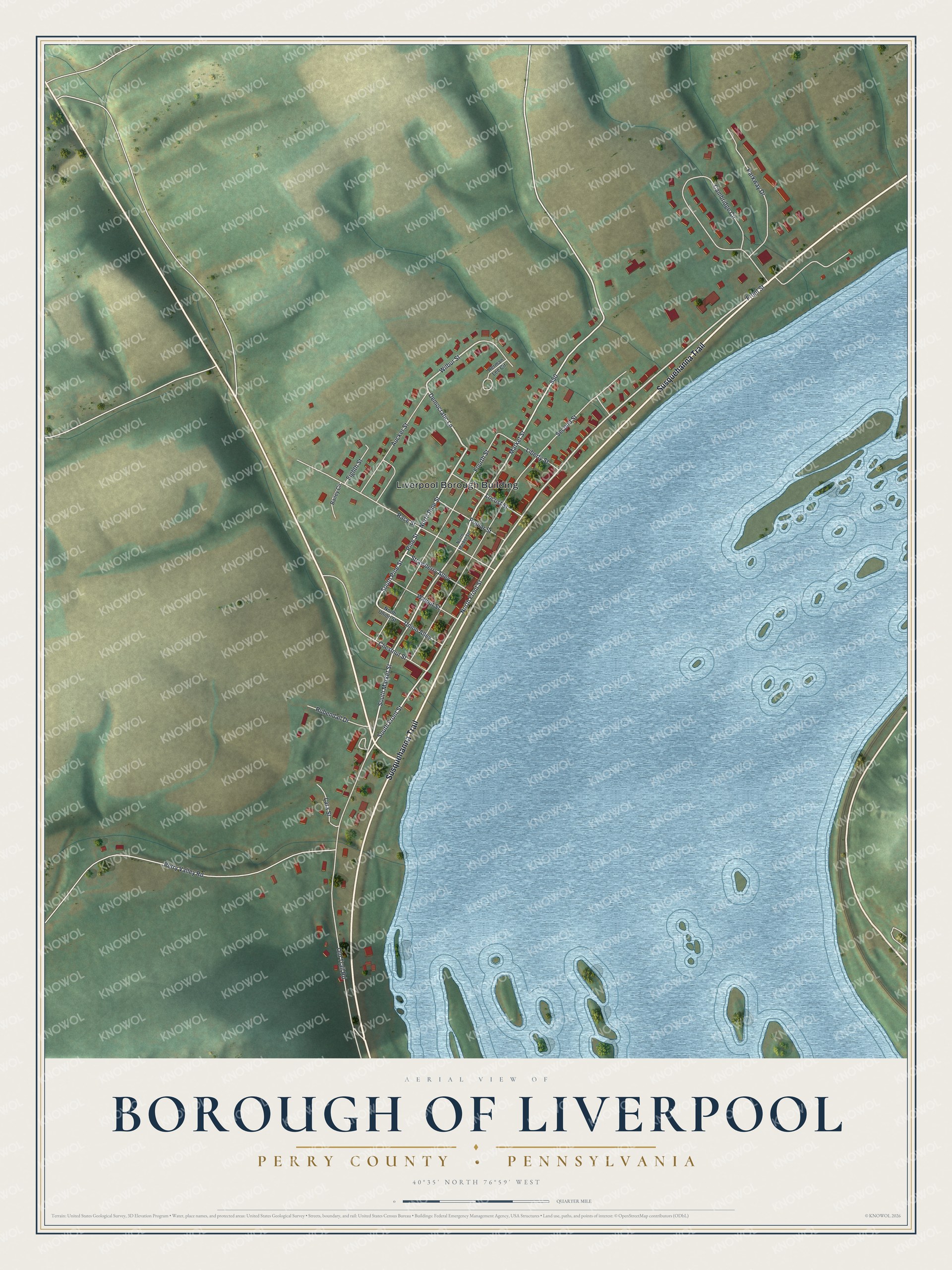 Full map of Liverpool Borough, Pennsylvania, with red buildings, printed street names and the land around them