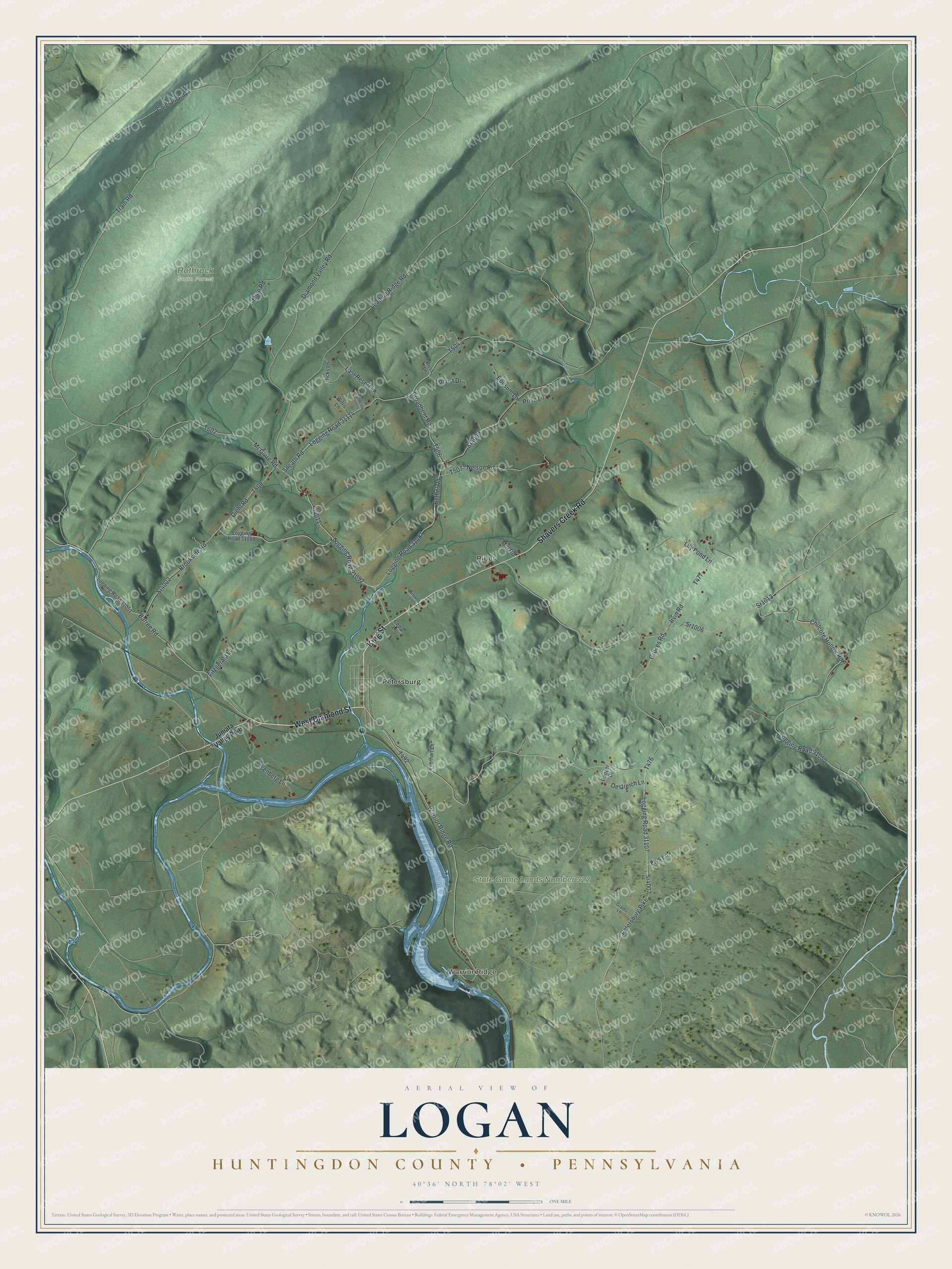 Full map of Logan, Huntingdon County, Pennsylvania, with red buildings, printed street names and the land around them